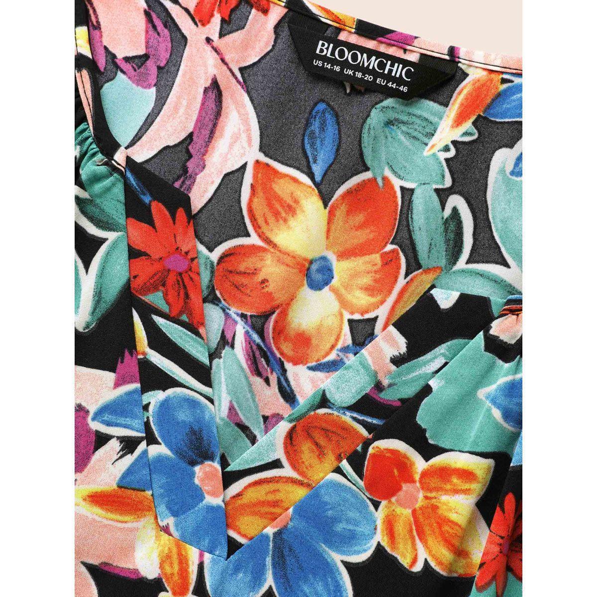 Plus Size Colored Floral Notched Elastic Waist Midi Dress Black Women Elegant Gathered Flat collar with V-notch Extra Long Sleeve Curvy BloomChic 10/M Product Image