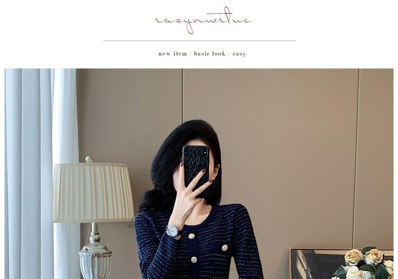 Long-Sleeve Round Neck Striped Knit A-Line Dress Product Image