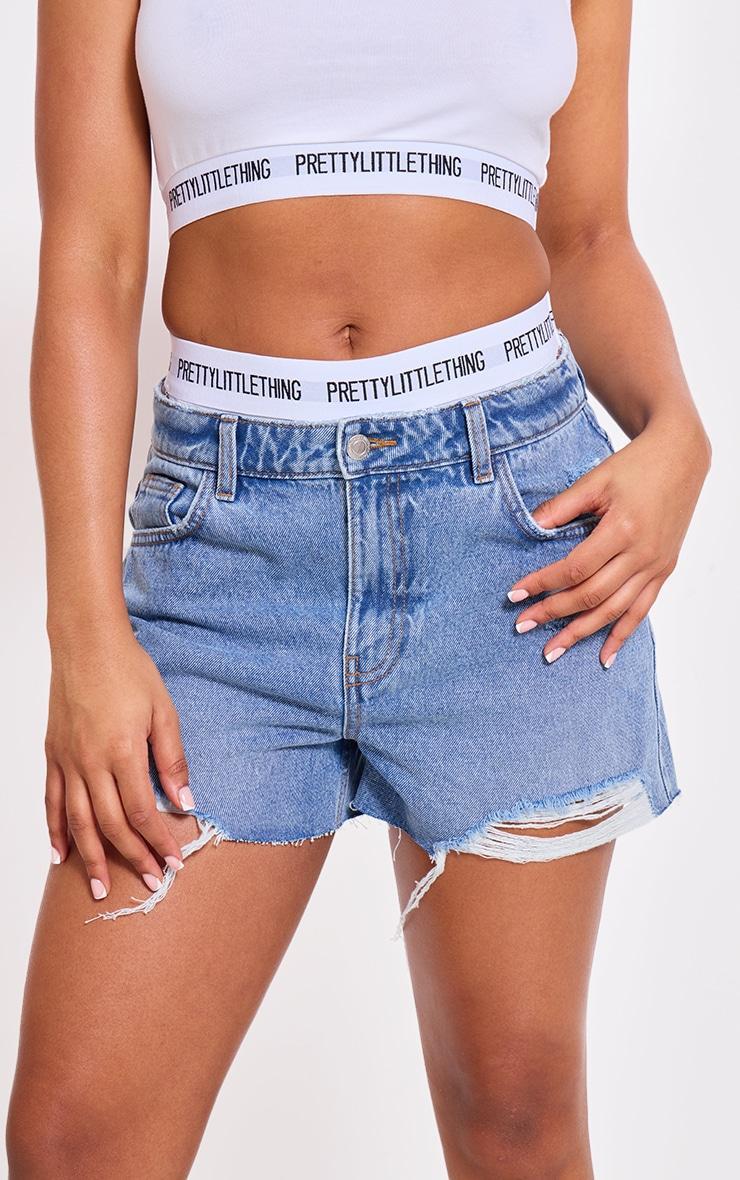 Mid Blue Wash Distressed High Rise Mom Denim Shorts Product Image