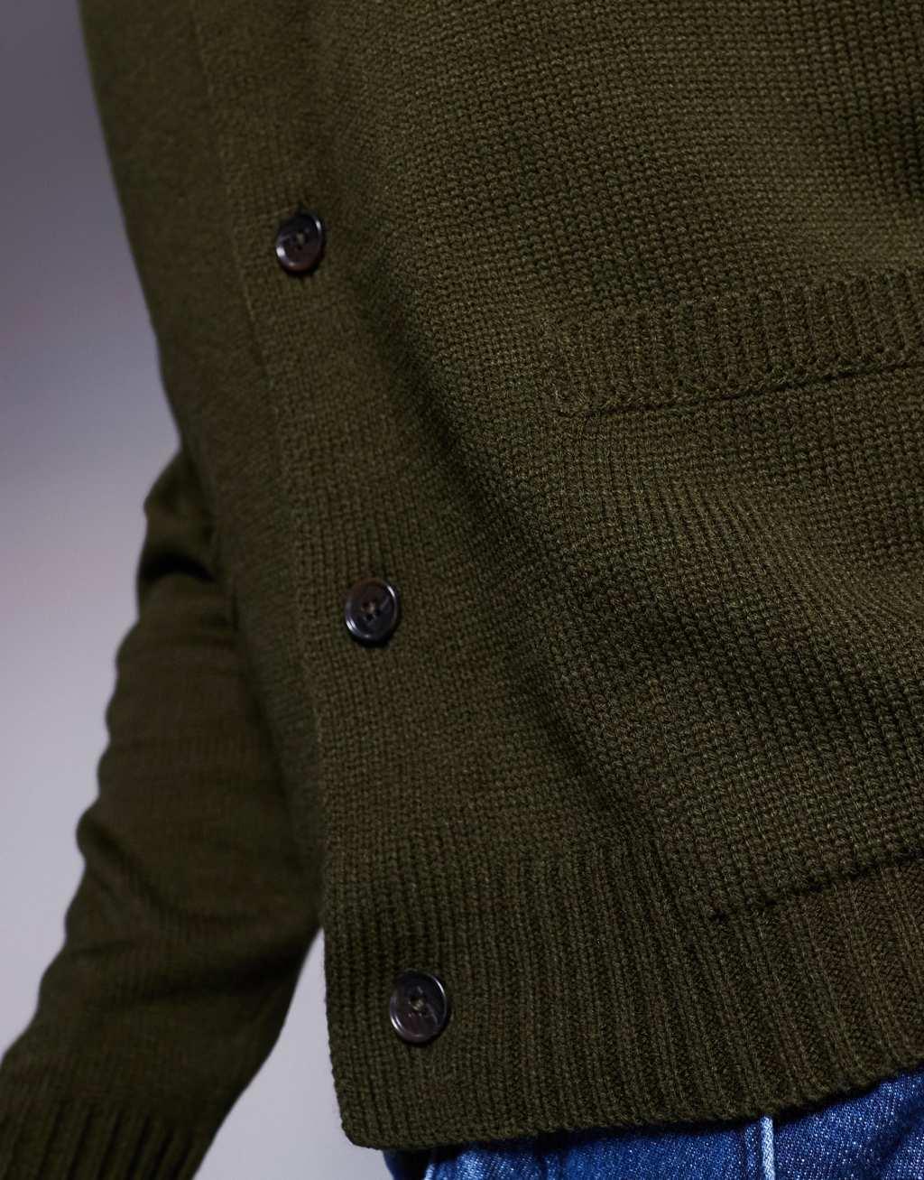 ASOS DESIGN oversized boxy fit knit crew neck cardigan with pockets in khaki Product Image