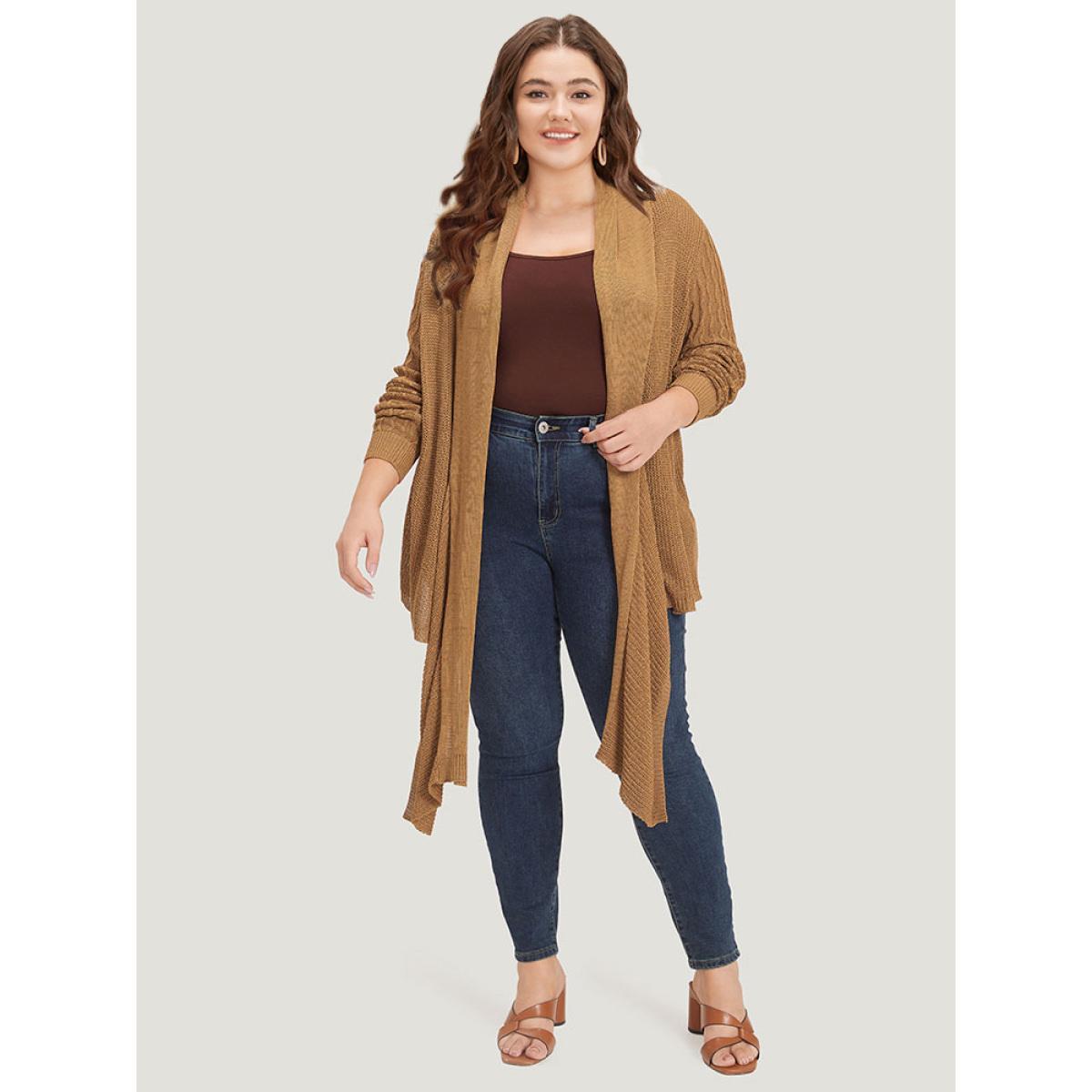 Plus Size Solid Lapel Collar Patchwork Asymmetrical Hem Cardigan Bronze Women Casual Loose Long Sleeve Everyday Cardigans BloomChic 22-24/3X Product Image