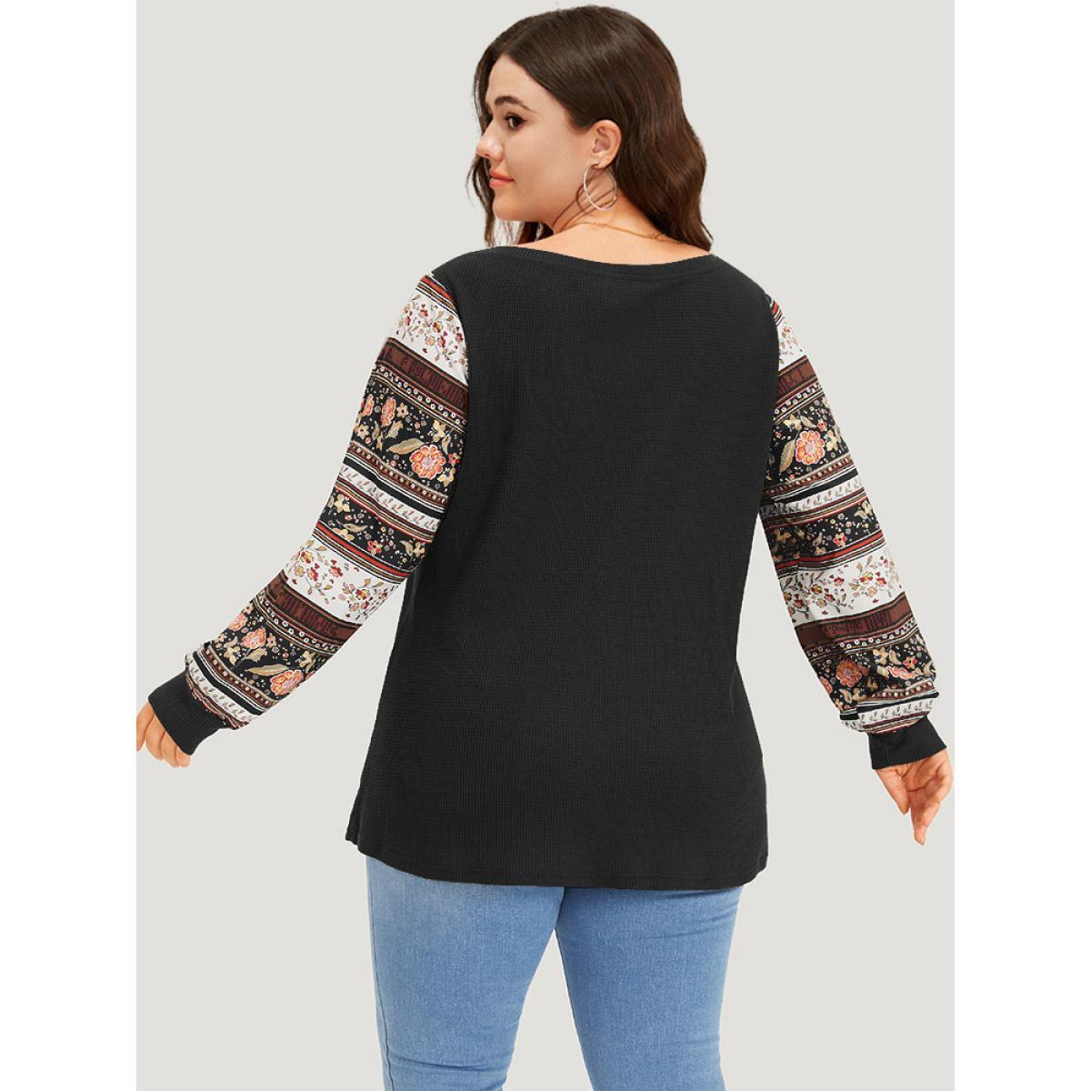 Plus Size Boho Print Patchwork Crew Neck Sweatshirt Women Black Casual Elastic cuffs Round Neck Everyday Sweatshirts BloomChic 28/5X Product Image