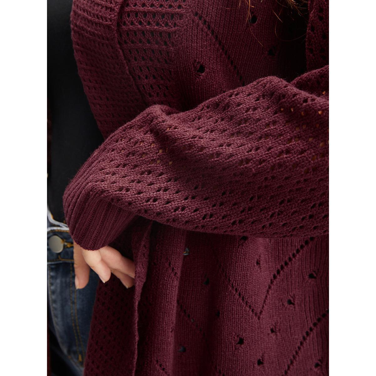 Plus Size Solid Pointelle Knit Lapel Collar Geometric Crochet Open Front Cardigan Burgundy Women Elegant Loose Long Sleeve Dailywear Cardigans BloomChic 18-20/2X Product Image