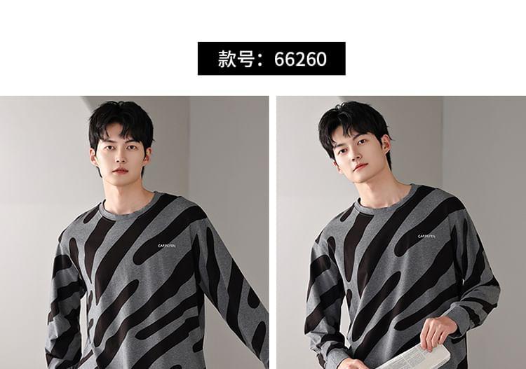 Pajama Set: Long-Sleeve Round Neck Two Tone Print T-Shirt + Plain Pants Product Image