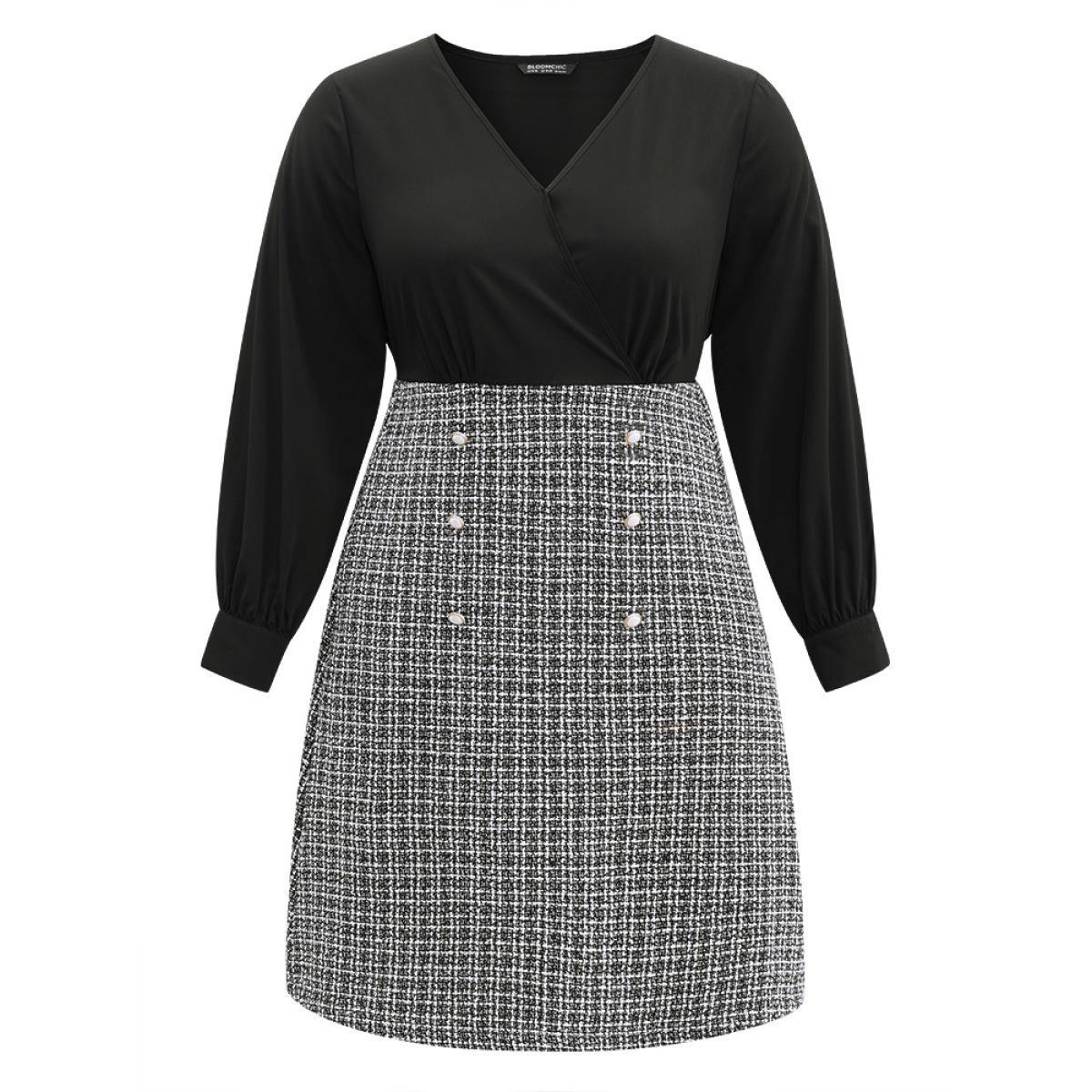 Plus Size Gingham Coarse Tweed Pocket Overlap Collar Dress Black Women Elegant Texture Overlap Collar Long Sleeve Curvy Midi Dress BloomChic 22-24/3X Product Image