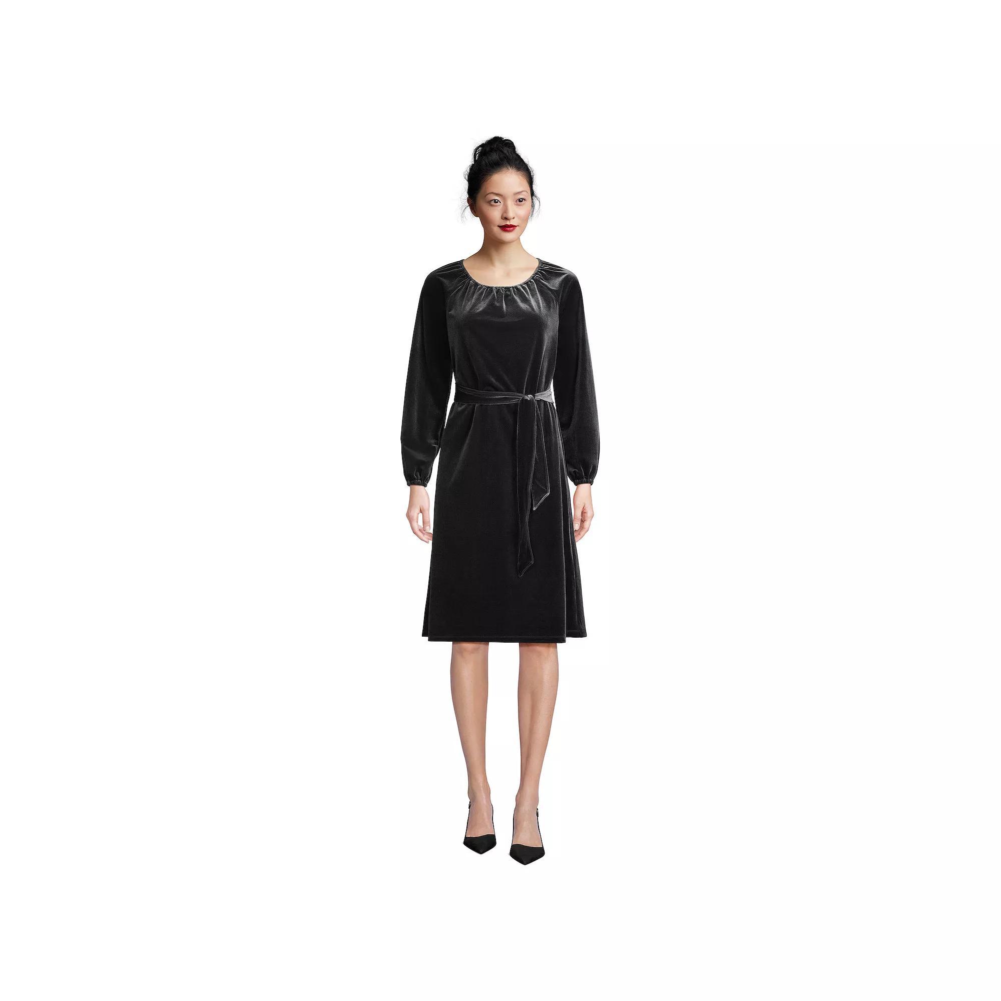 Women's Lands' End Velvet Belted Knee Length Dress, Size: Medium, Black Product Image