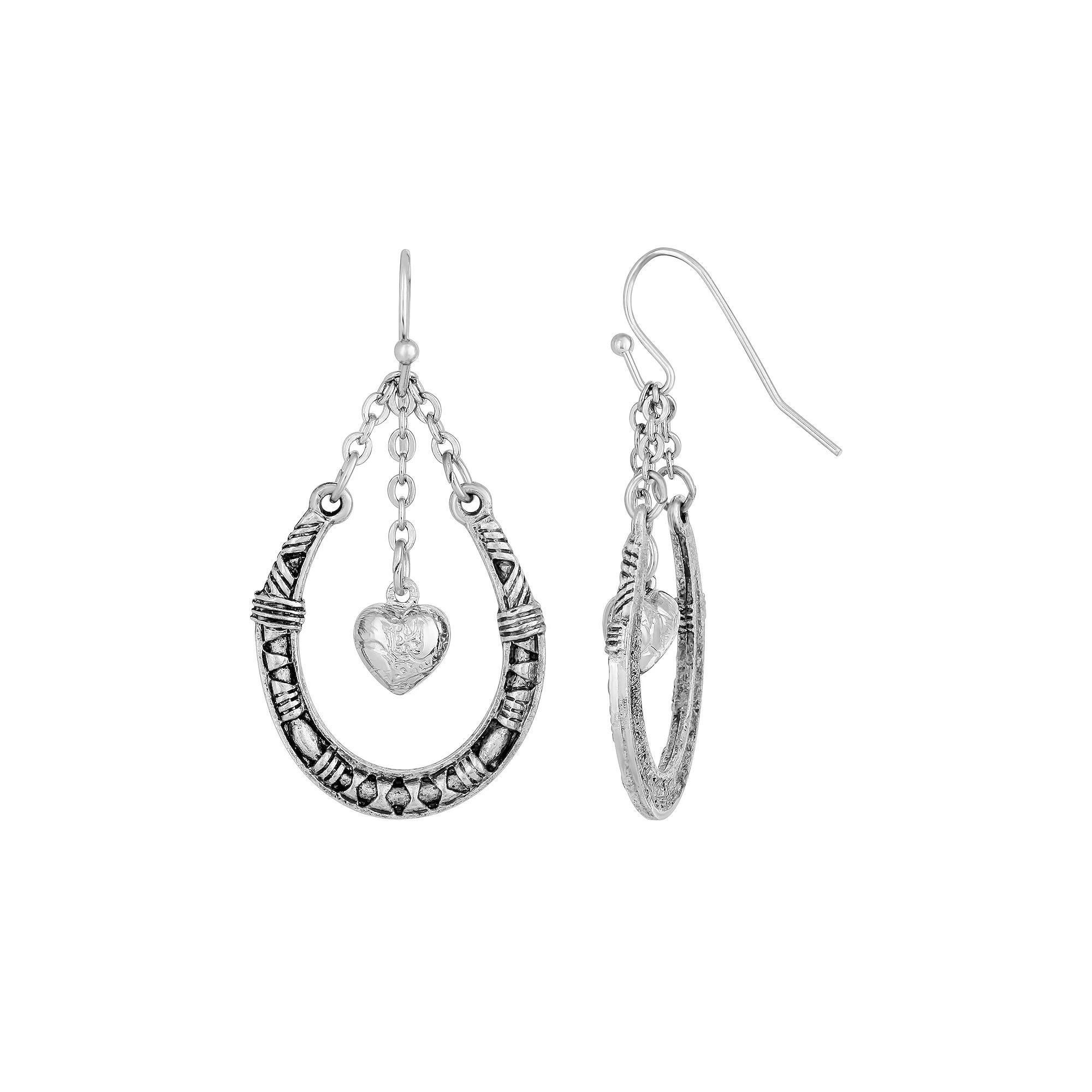 1928 Silver Tone Pewter Horseshoe with Hanging Heart Earrings, Womens, Grey Product Image