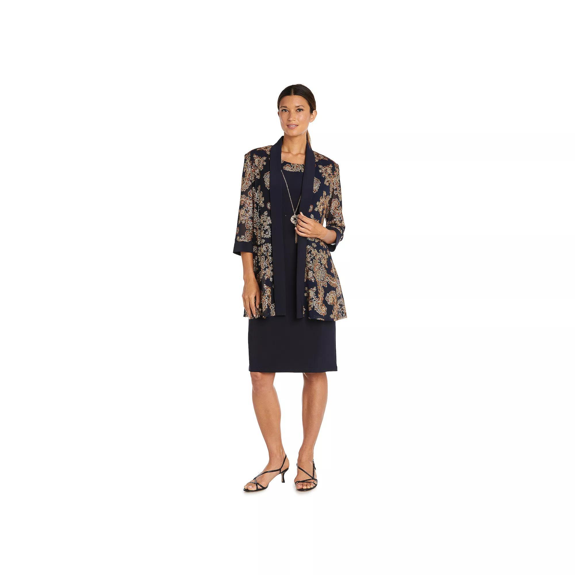 Women's R&M Richards 3-Piece Mesh Jacket, Dress & Necklace Set, Size: 12, Navy Gold Product Image