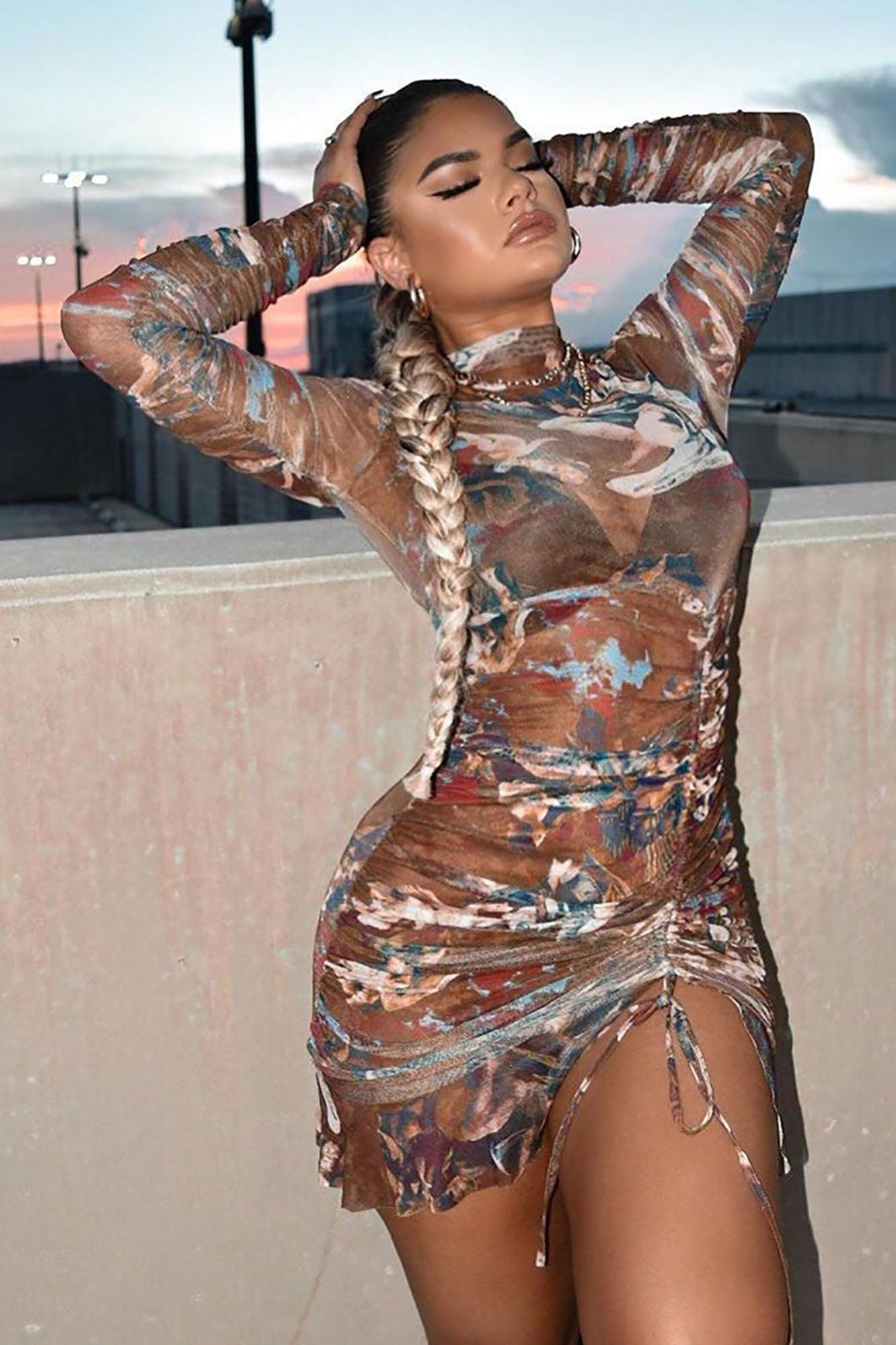 Angelic Moments Ruched Mini Dress - Brown/combo Product Image