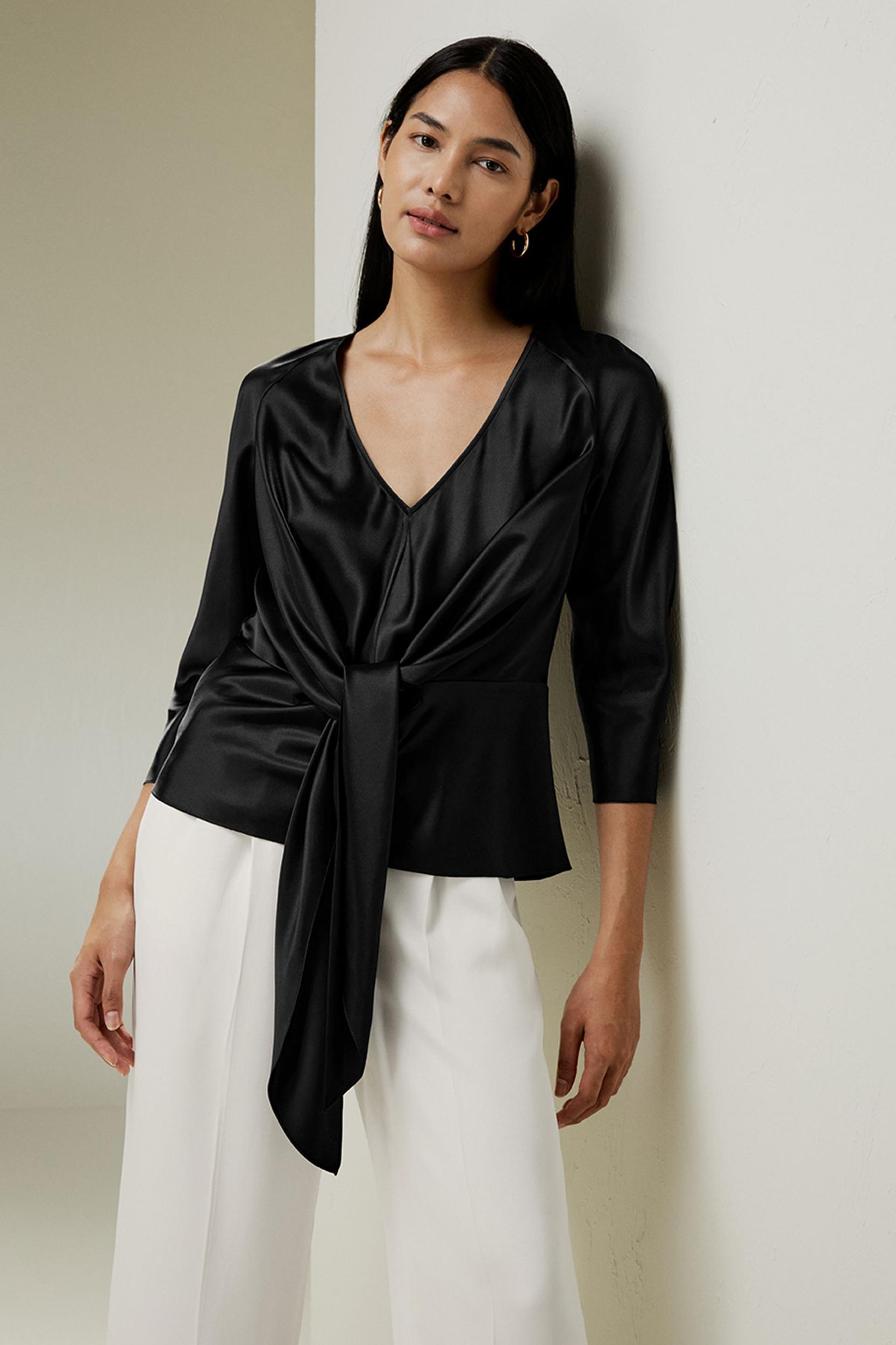 V Neck Silk Blouse with Waist Tie Product Image