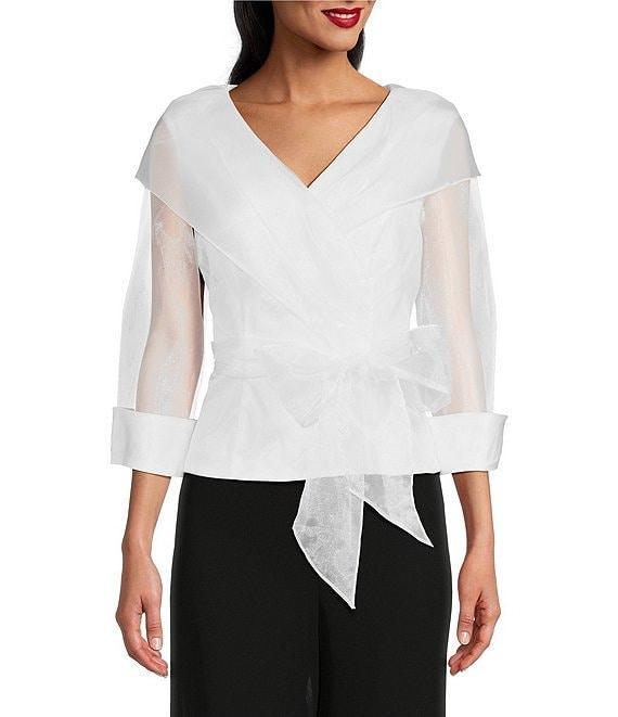 Alex Evenings 3/4 Illusion Sleeve Portrait Collar Tie Waist Organza Blouse Product Image