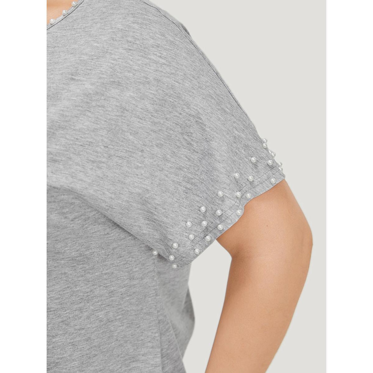 Plus Size Plain Heather Pearl Beaded Crew Neck T-shirt Gray Women Elegant Beaded Plain Round Neck Dailywear T-shirts BloomChic 22-24/3X Product Image