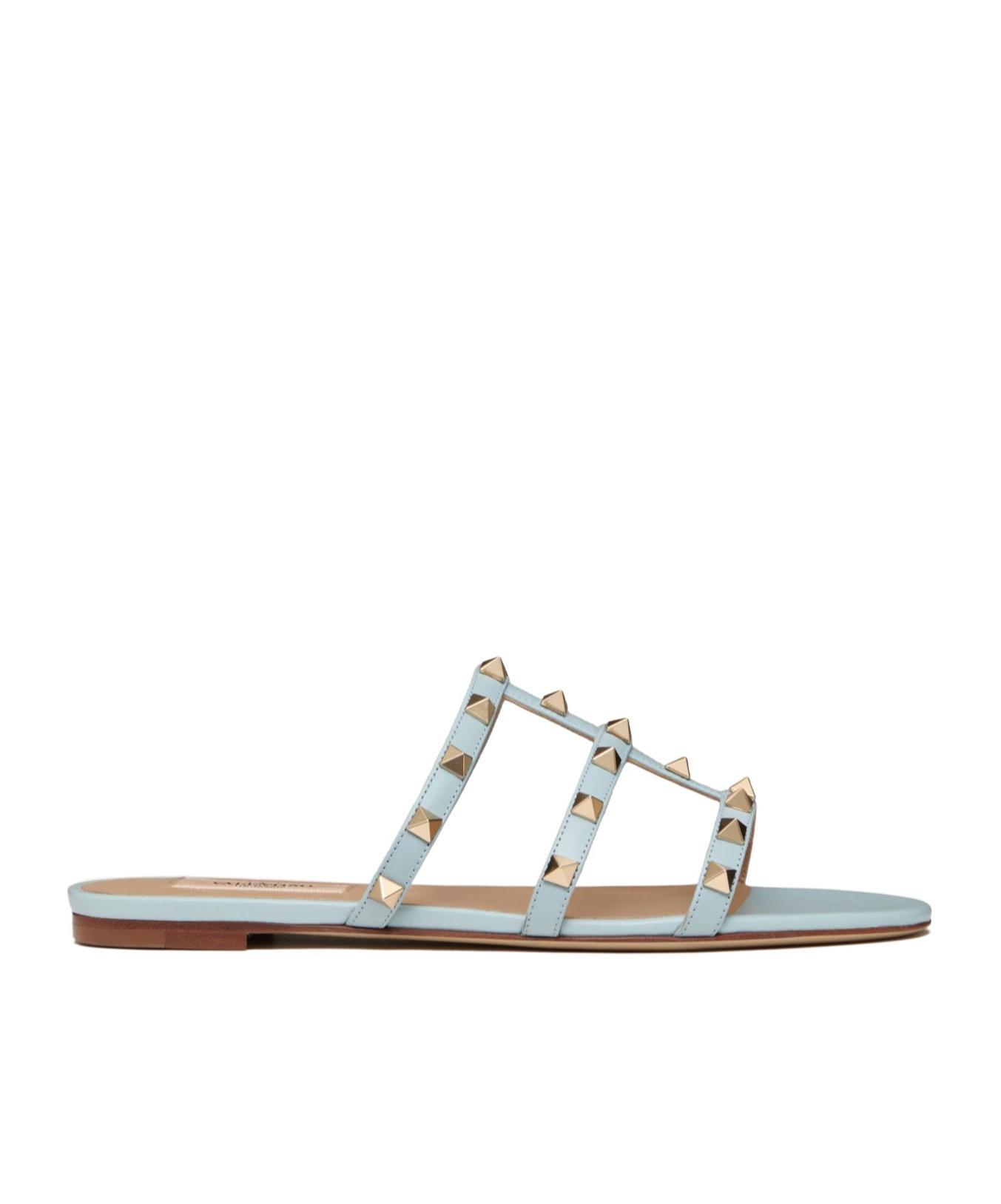 VALENTINO GARAVANI Rockstud Flat Slide Sandal Woman Porcelain Blue 39.5 Product Image
