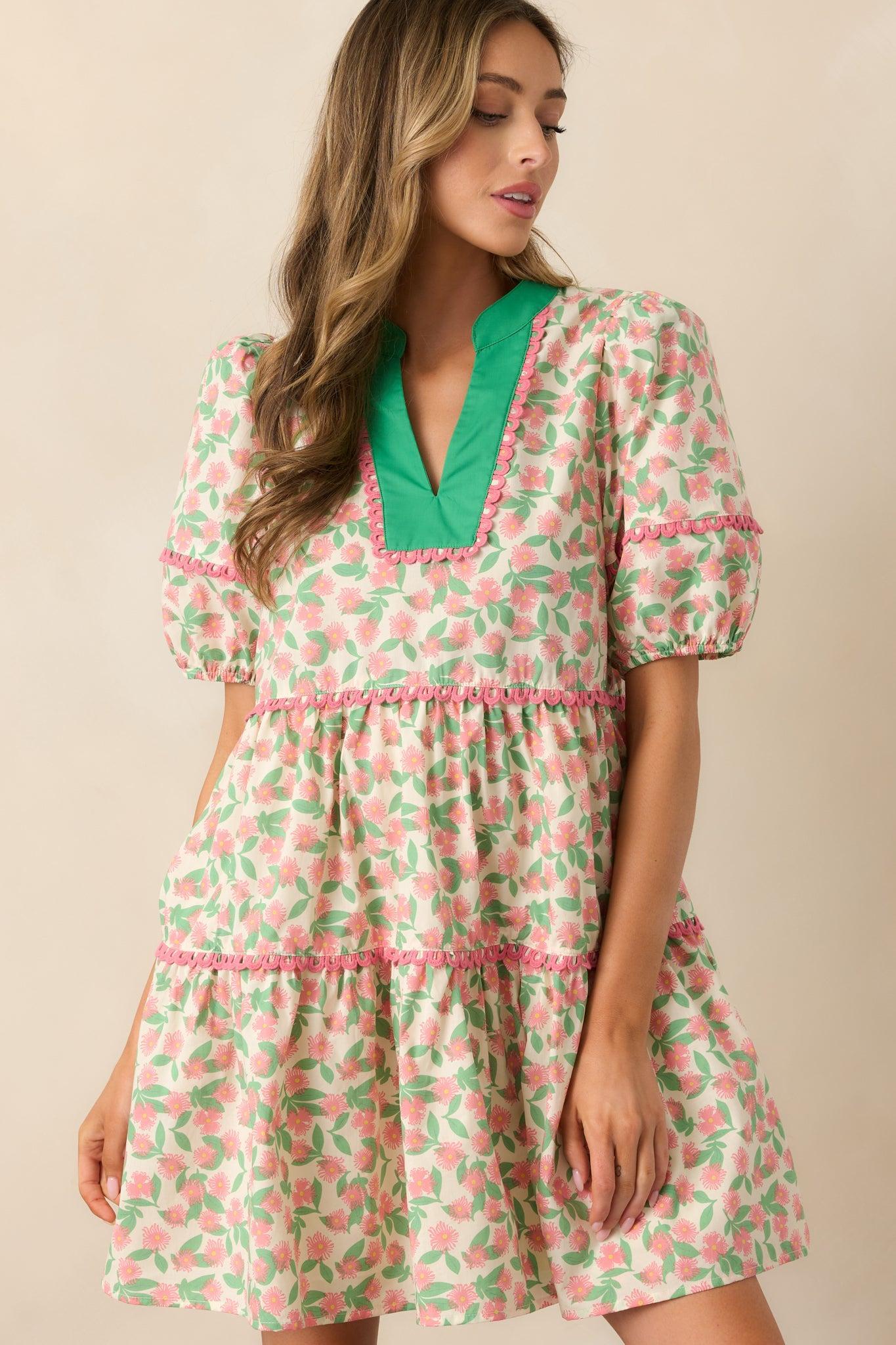 Full Bloom Beige Floral Cotton Puff Sleeve Mini Dress Product Image