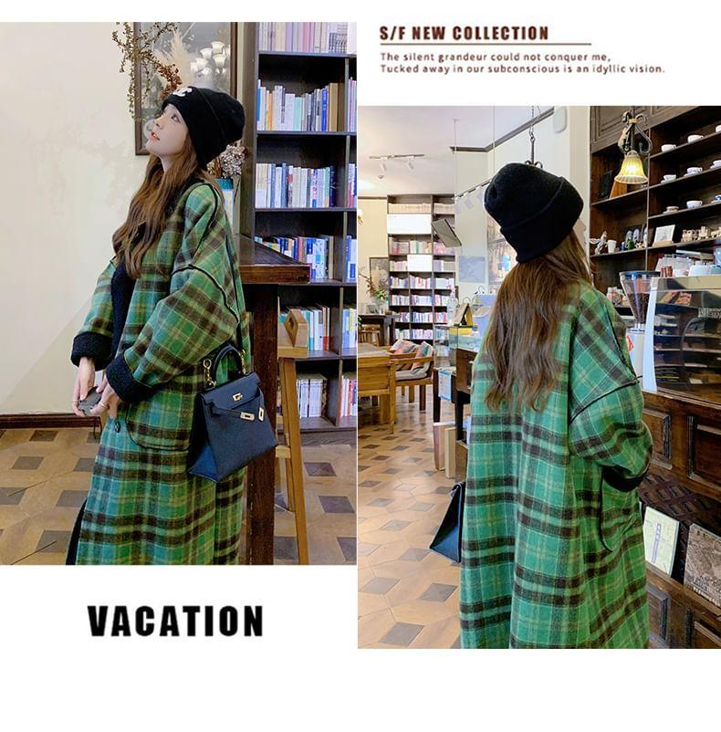 Lapel Collar Plaid Reversible Fleece-Lined Double-Breasted Long Coat Product Image