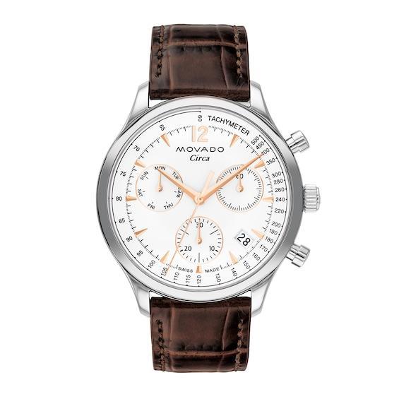 Men's Movado HeritageÂ® Circa Chronograph Brown Leather Strap Watch with White Dial (Model: 3650132) Product Image