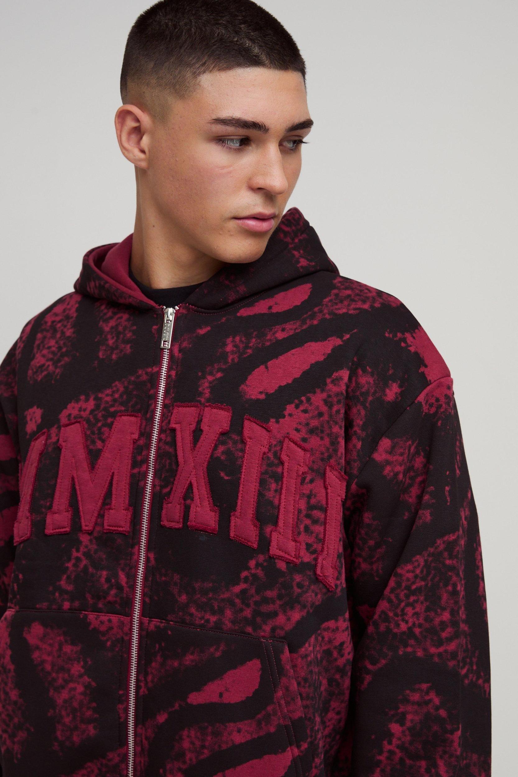 Shrunken Fit AOP Squiggle Applique MMXIII Zip Through Hoodie | boohooMAN USA Product Image
