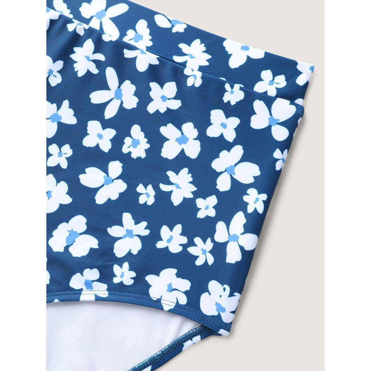 Plus Size Floral Print Contrast Swim Dress Women's Swimwear Indigo Beach Bodycon Overlap Collar High stretch Curve Swim Dresses BloomChic 26/4X Product Image