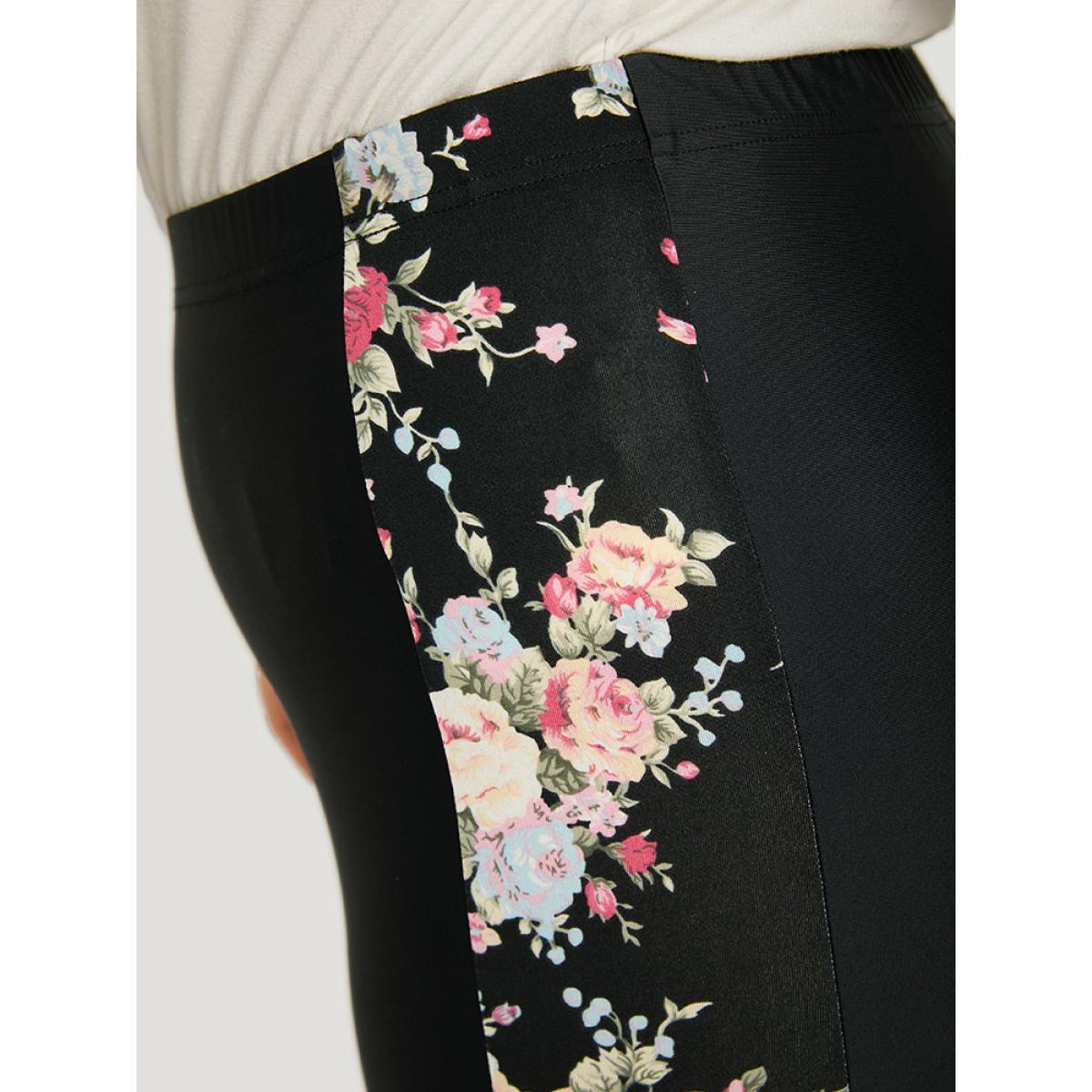 Plus Size Floral Print Elastic Waist High Rise Patchwork Leggings Women Black Elegant High stretch Skinny High Rise Dailywear Leggings BloomChic 14-16/1X Product Image