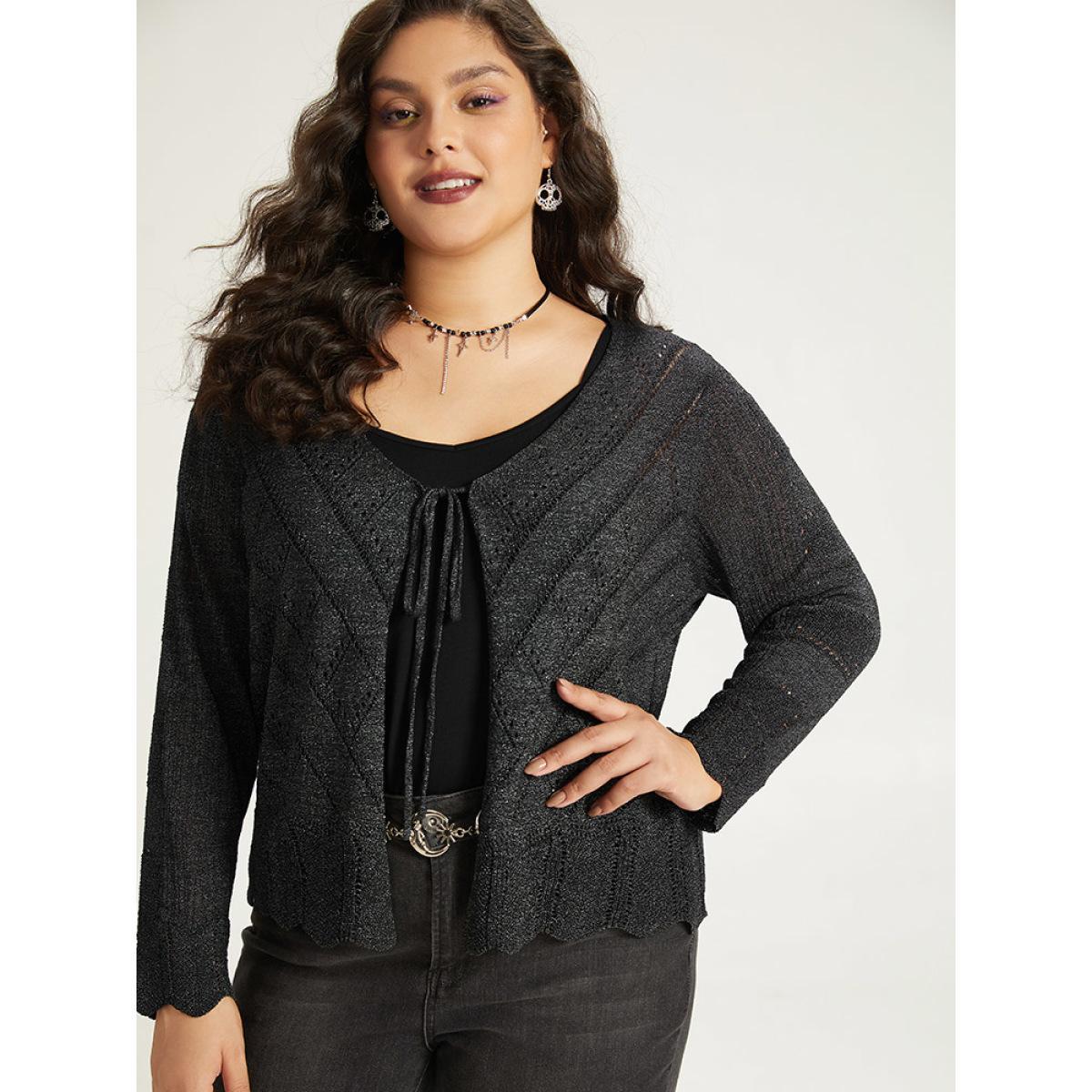 Plus Size Supersoft Essentials Halloween Plain Hollow Out Ties Open Front Cardigan Black Women Casual Loose Long Sleeve Everyday Cardigans BloomChic 14-16/1X Product Image