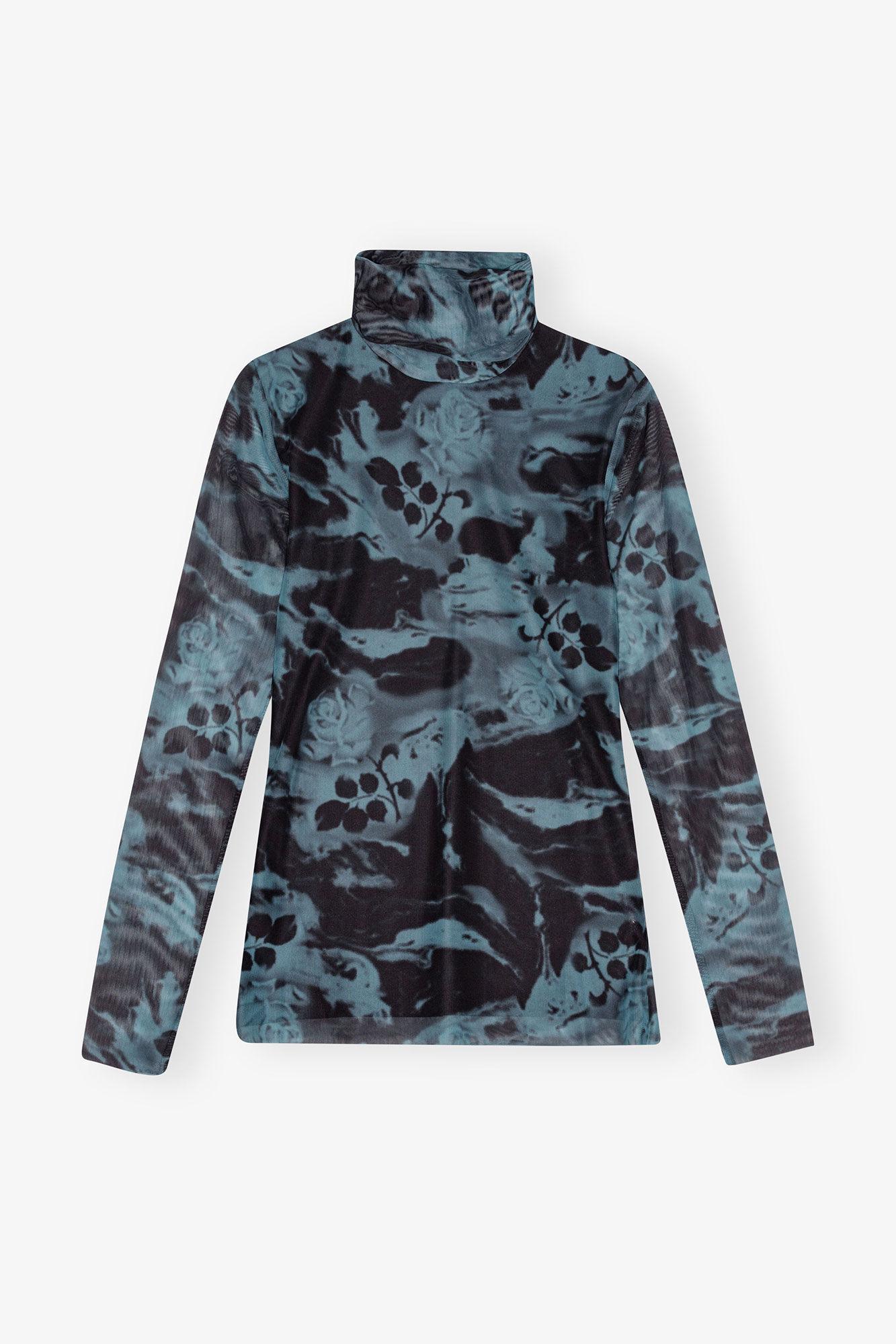Blue Printed Mesh Long Sleeve Rollneck Product Image