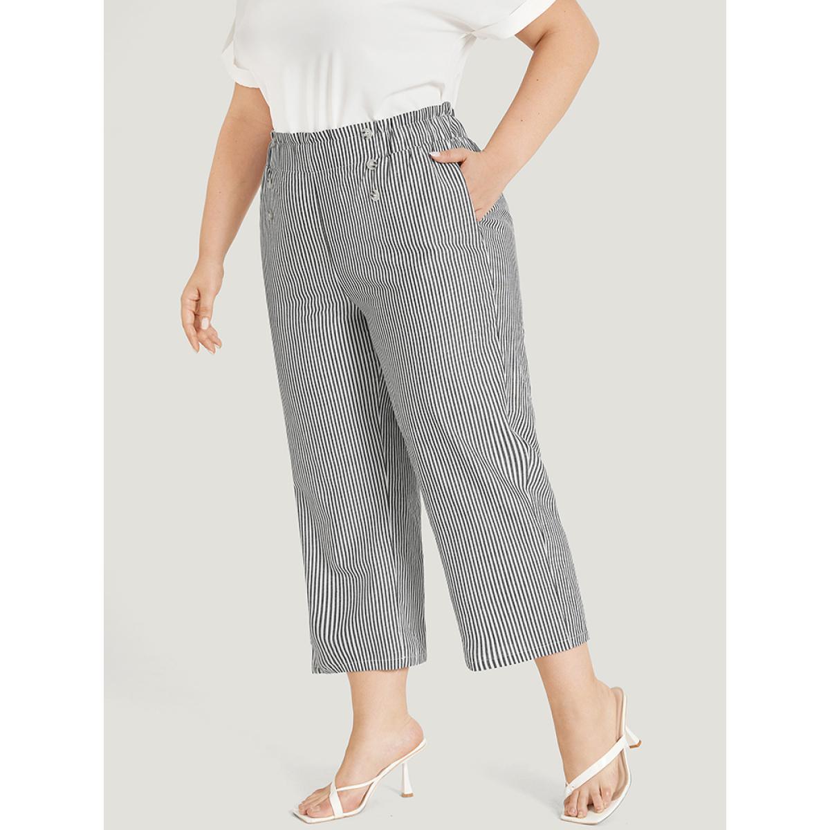 Plus Size Striped Pocket Button Detail Paperbag Waist Pants Women Black Office Straight Leg High Rise Work Pants BloomChic 18-20/2X Product Image