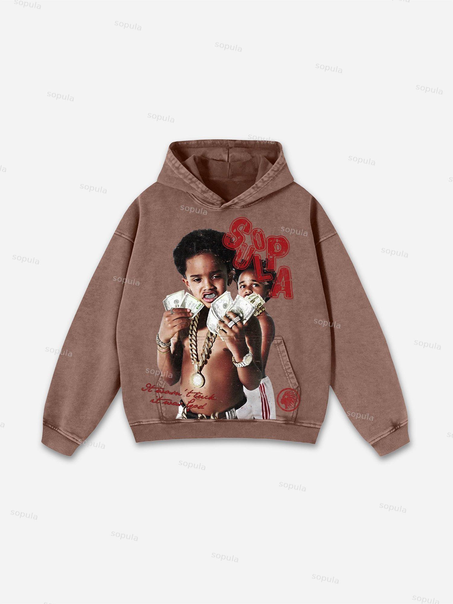 Money & Kids Vintage Print Acid Wash Hoodie Product Image
