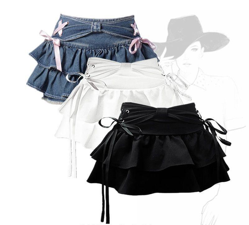Low Rise Side Lace-Up Washed Mini Layered Denim Skirt Product Image