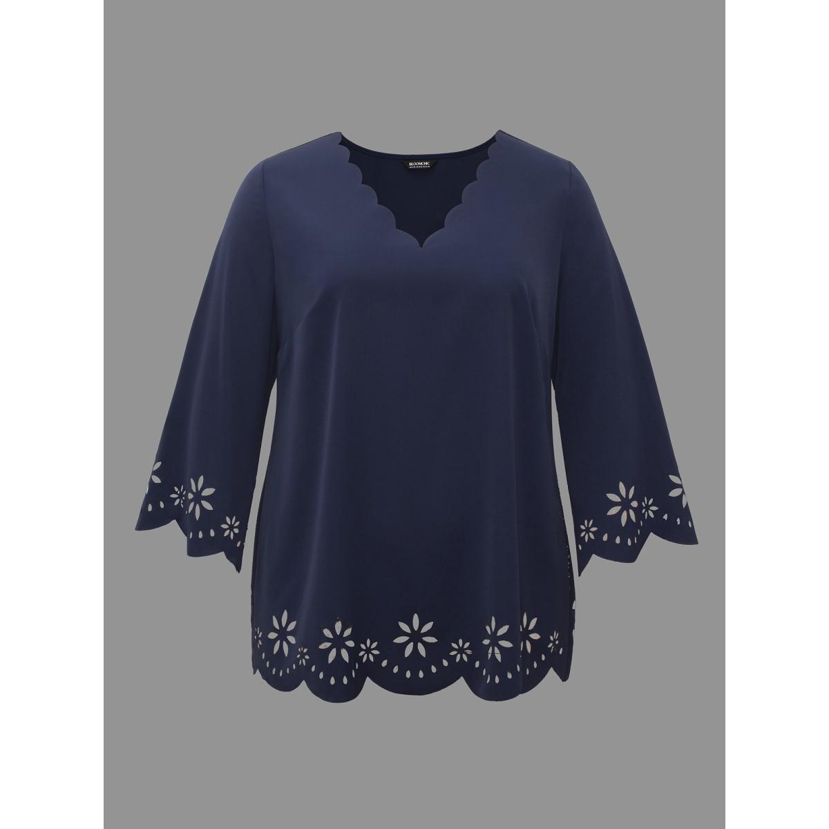 Plus Size Indigo Laser Cut Design V-Neck Blouse Women At the Office Three Quater Length Sleeve V-neck Work Blouses BloomChic 22-24/3X Product Image