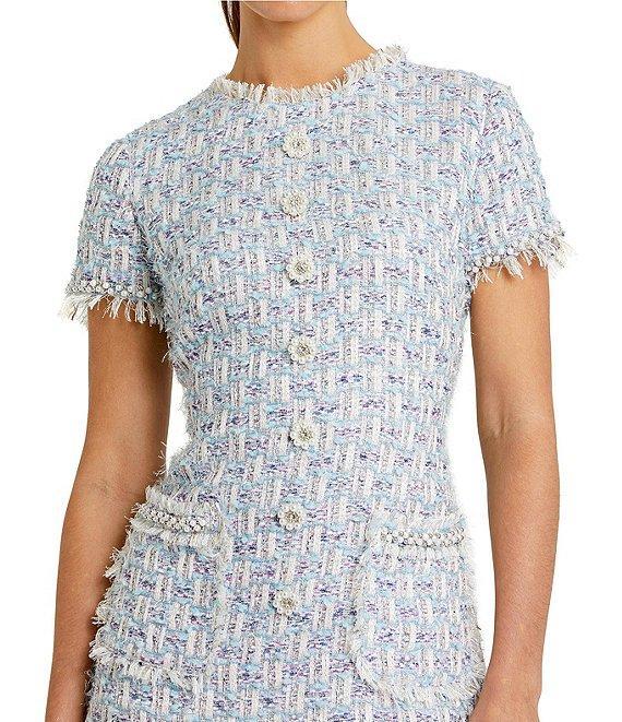 Mac Duggal Boucle High Neck Short Sleeves Floral Button Detail Shift Dress Product Image