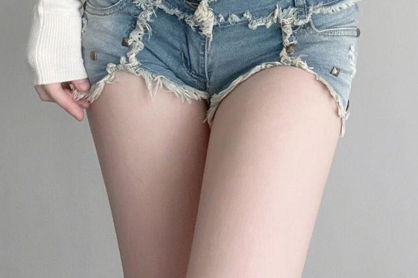 Low Waist Distressed Washed Denim Shorts Product Image