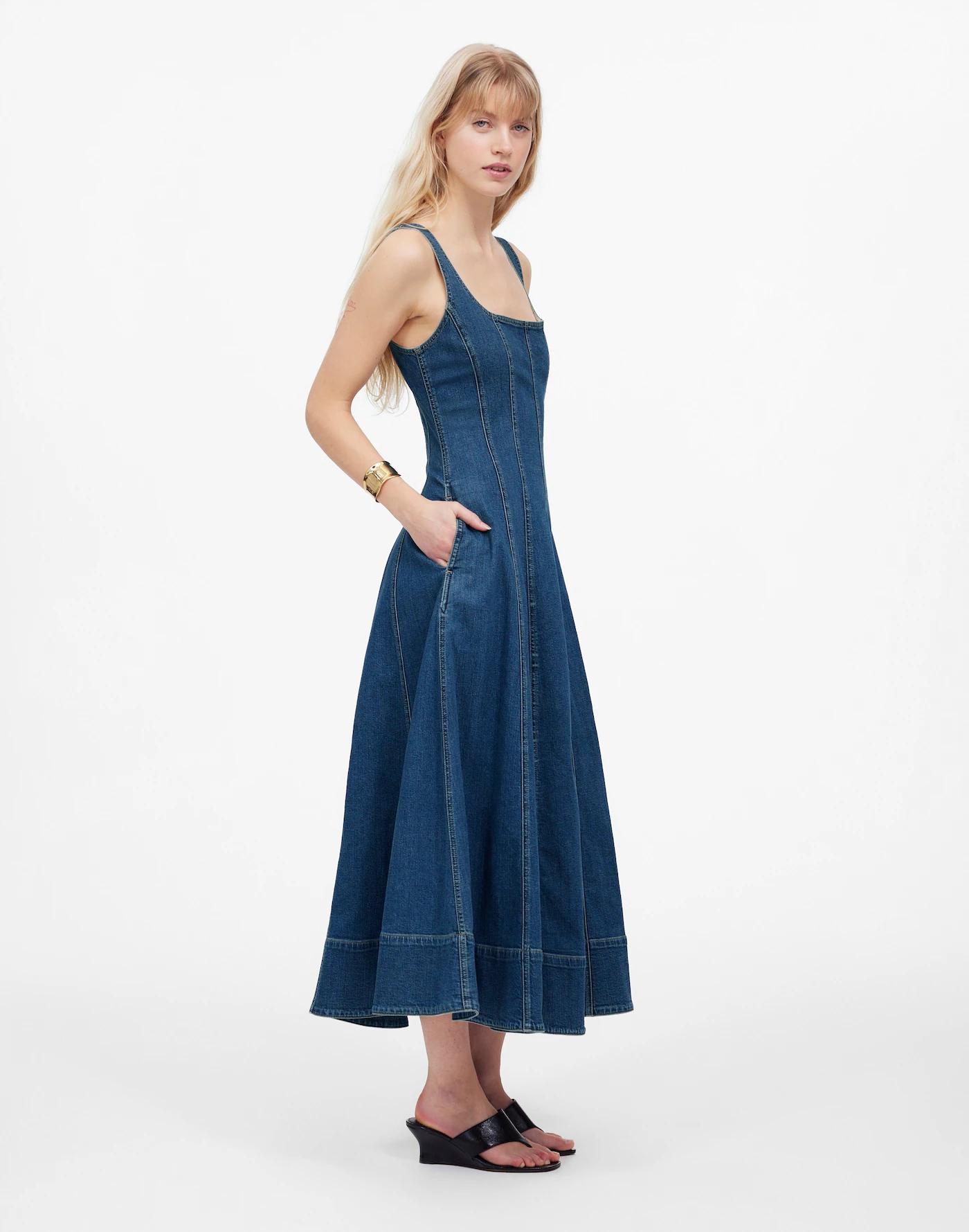 Denim Seamed Flare Midi Dress in Croswell Wash Product Image