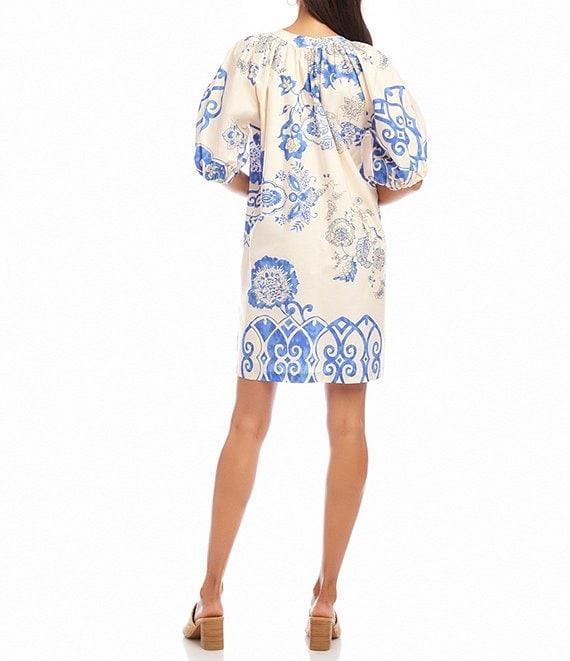 Karen Kane Printed Cotton Split Neck Puff Sleeve Shift Dress Product Image