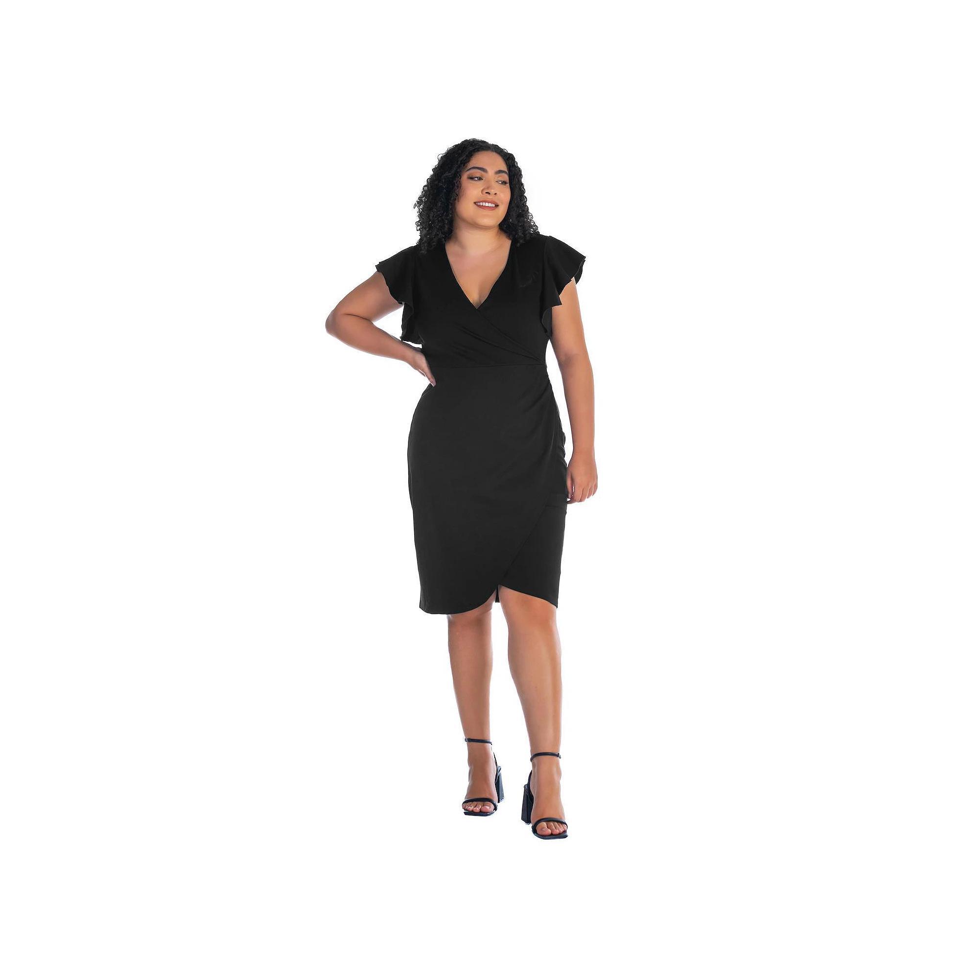 Plus Size 24Seven Comfort Apparel Ruffle Sleeve Knee Length Dress, Women's, Size: 3XL, Black Product Image