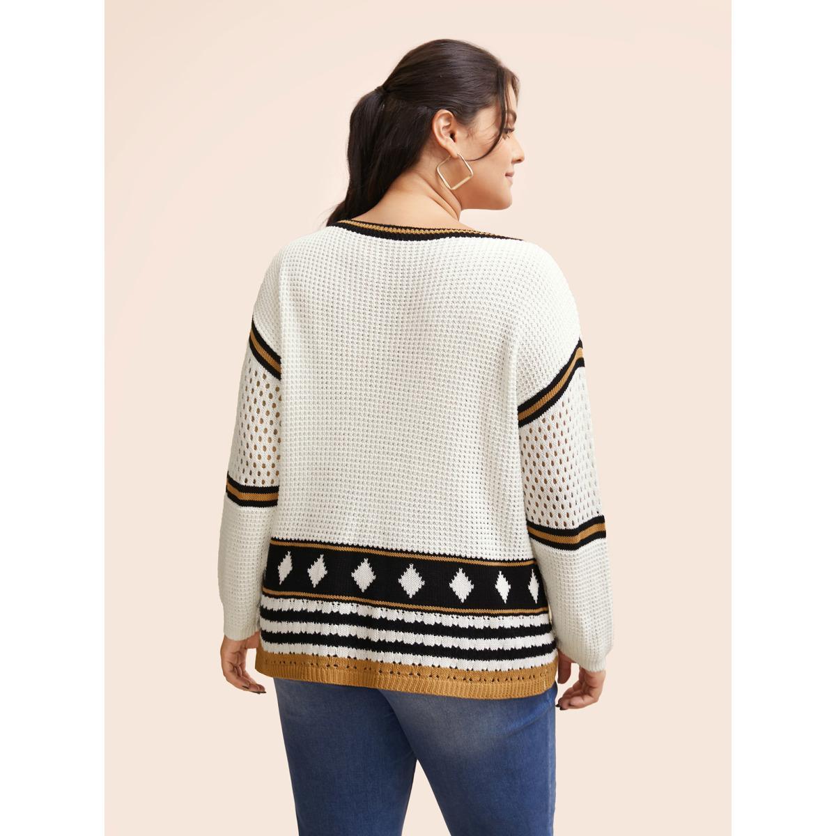 Plus Size Cotton Geometric Striped Drop Shoulder Sleeve Pullover Ivory Women Resort Loose Long Sleeve Round Neck Vacation Pullovers BloomChic 18-20/2X Product Image