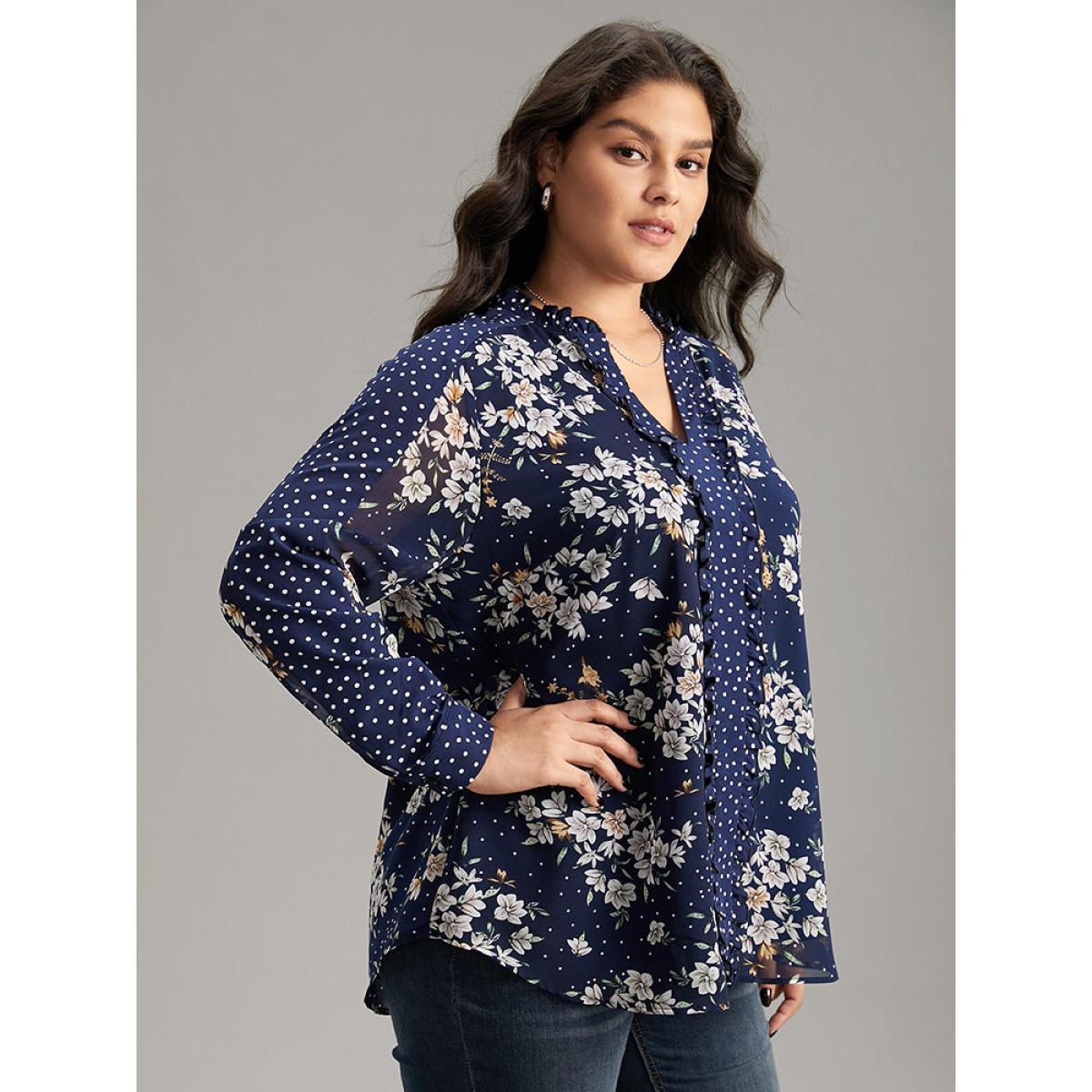 Plus Size DarkBlue Chiffon Floral Polka Dot Patchwork Frill Trim Mesh Blouse Women Elegant Long Sleeve V-neck Dailywear Blouses BloomChic 12/L Product Image