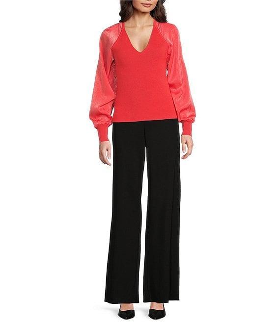 DKNY by Donna Karan Mixed Media Knit V-Neck Long Sleeve Sweater Product Image