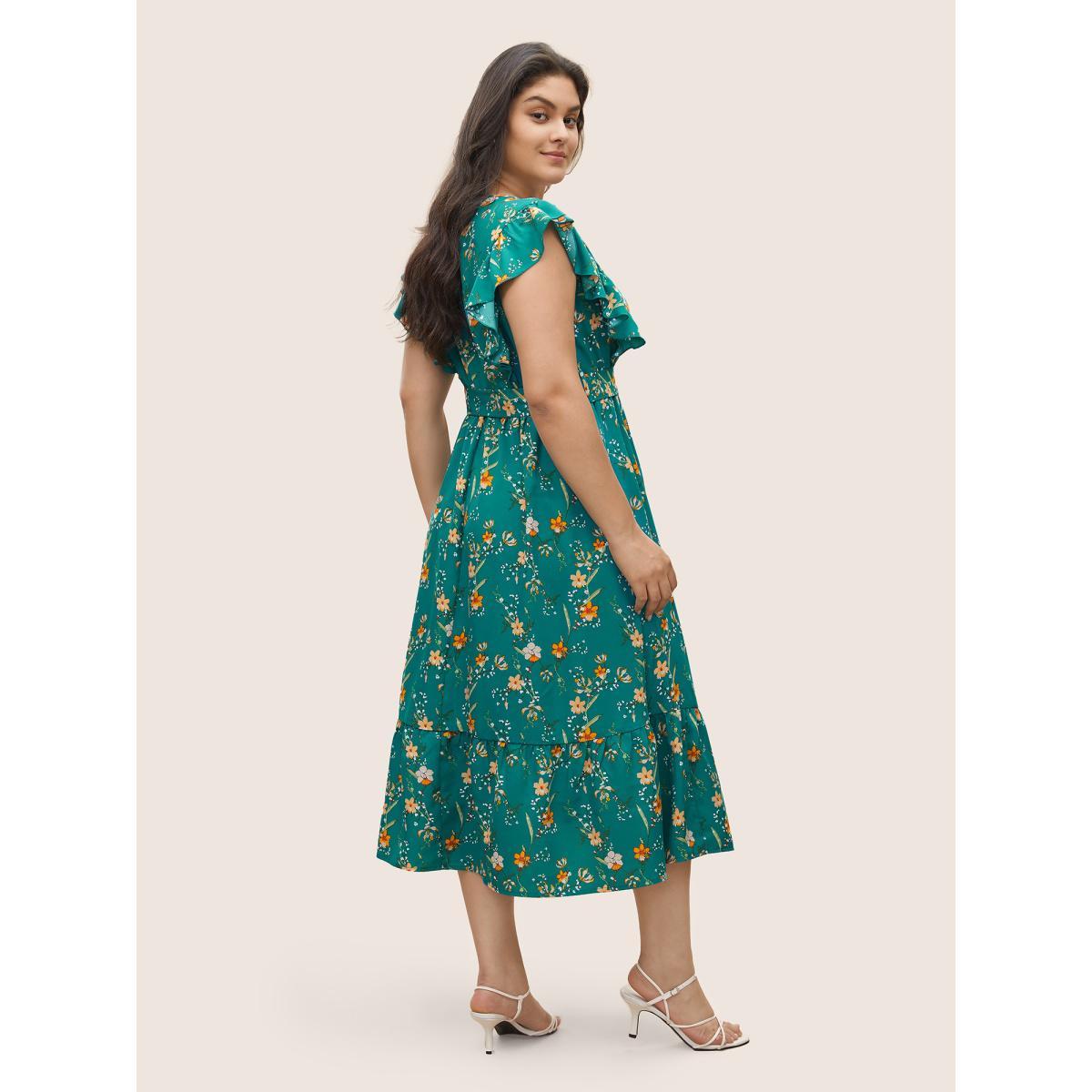 Plus Size Ditsy Floral Flutter Trim Pocket Layered Hem Dress Teal Women Elegant Non Overlap Collar Cap Sleeve Curvy Midi Dress BloomChic 18-20/2X Product Image