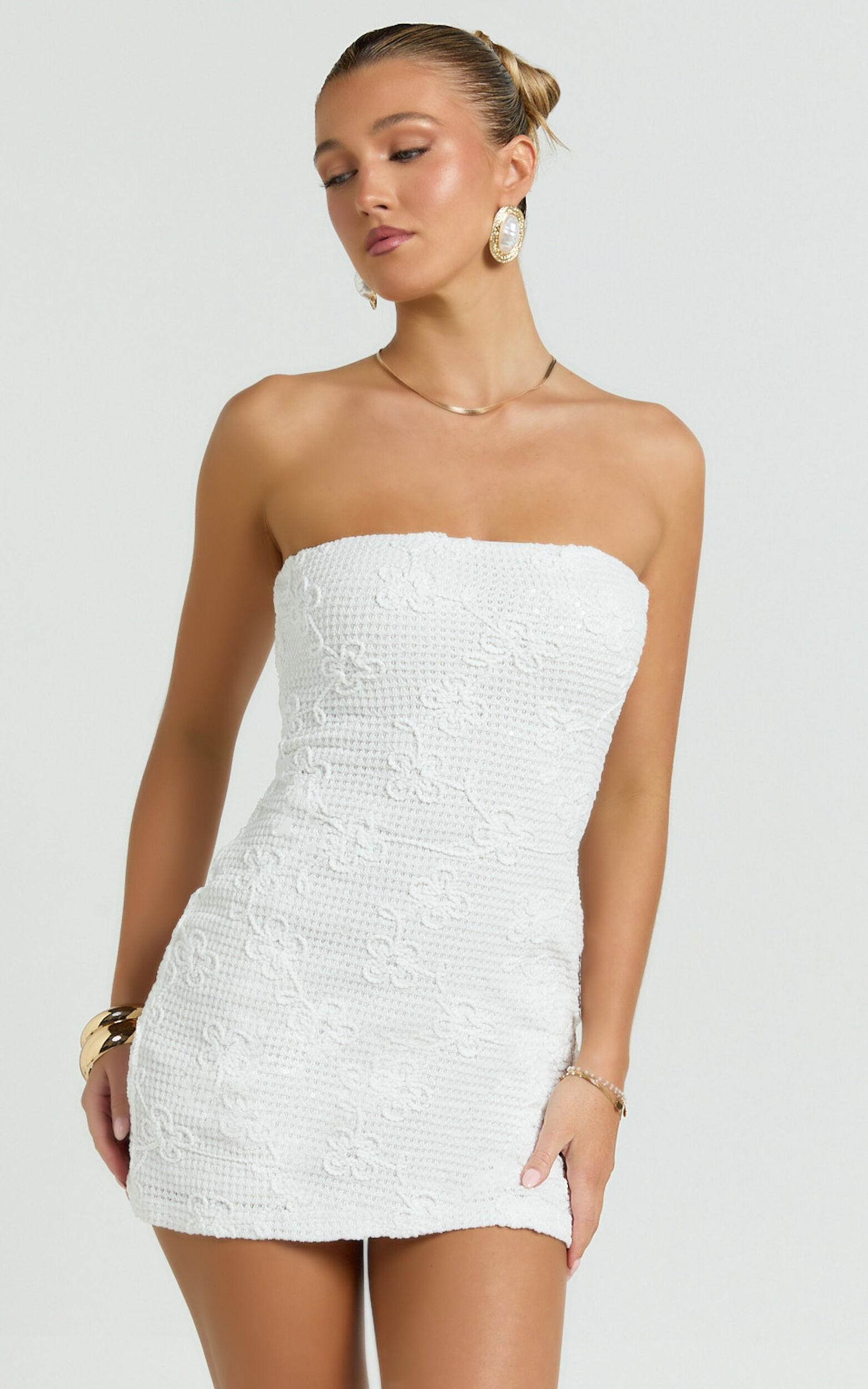 Inka Mini Dress - Strapless Fitted Jersey Dress in White Product Image
