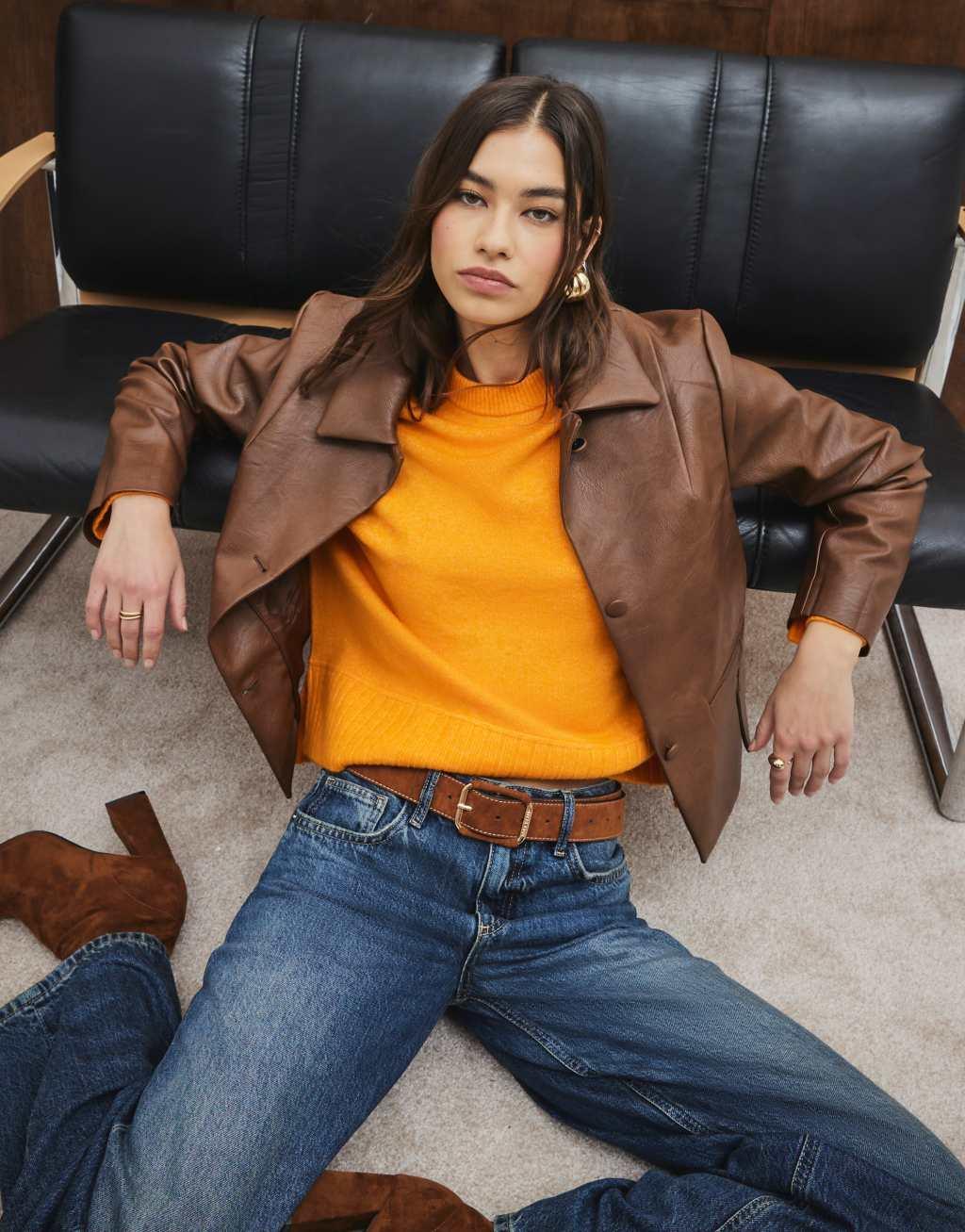 River Island ribbed sweater in orange Product Image