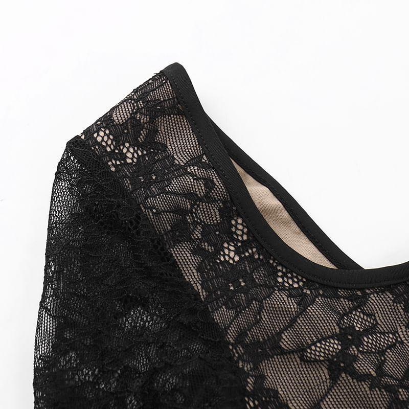 Long Sleeve Square Neck Lace Up Panel Lace Maxi Sheath Dress Product Image