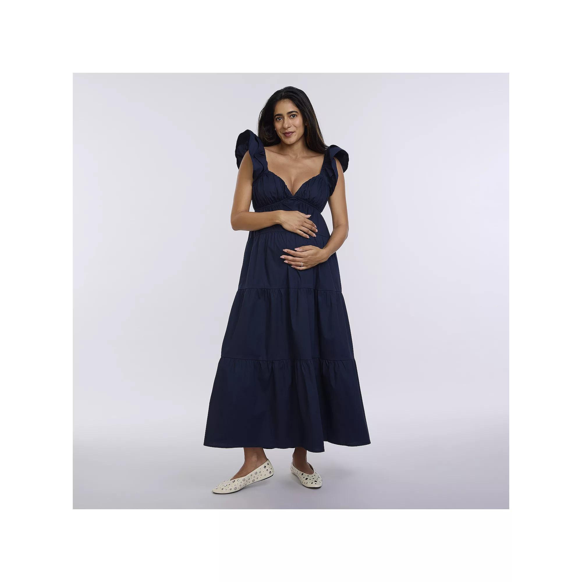 Maternity Motherhood® Babydoll Ruffle Maxi Dress, Women's, Size: Small-Mat, Blue Blazer Product Image