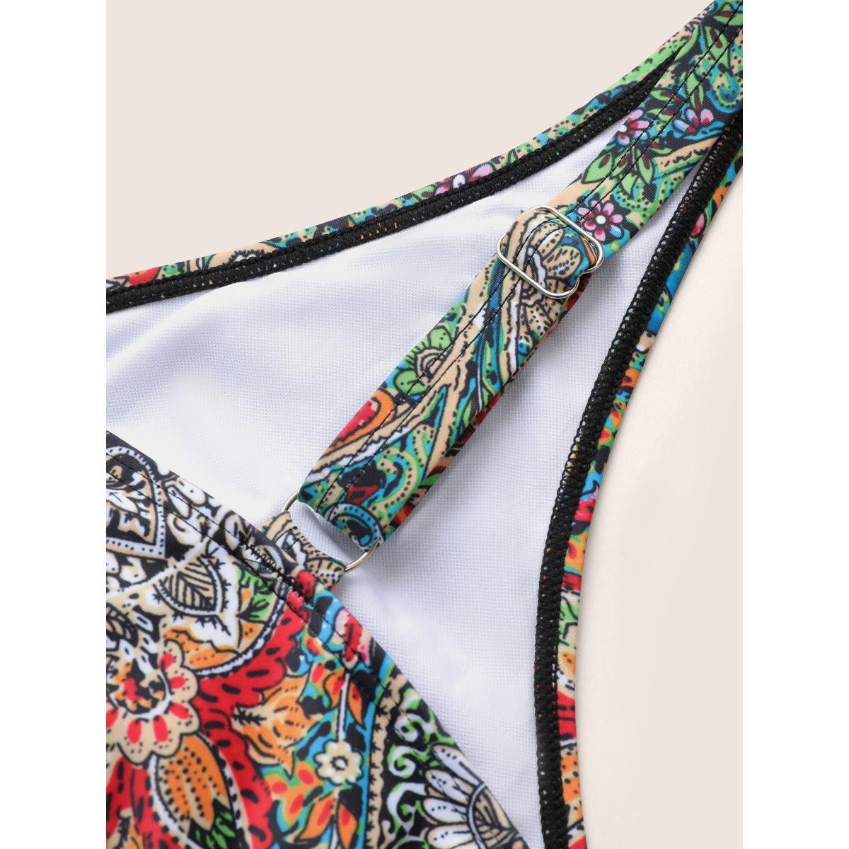 Plus Size Bandana Print Buckle Detail Gathered Swim Dress Women's Swimwear Multicolor Beach Bodycon V-neck High stretch Curve Swim Dresses BloomChic 26/4X Product Image