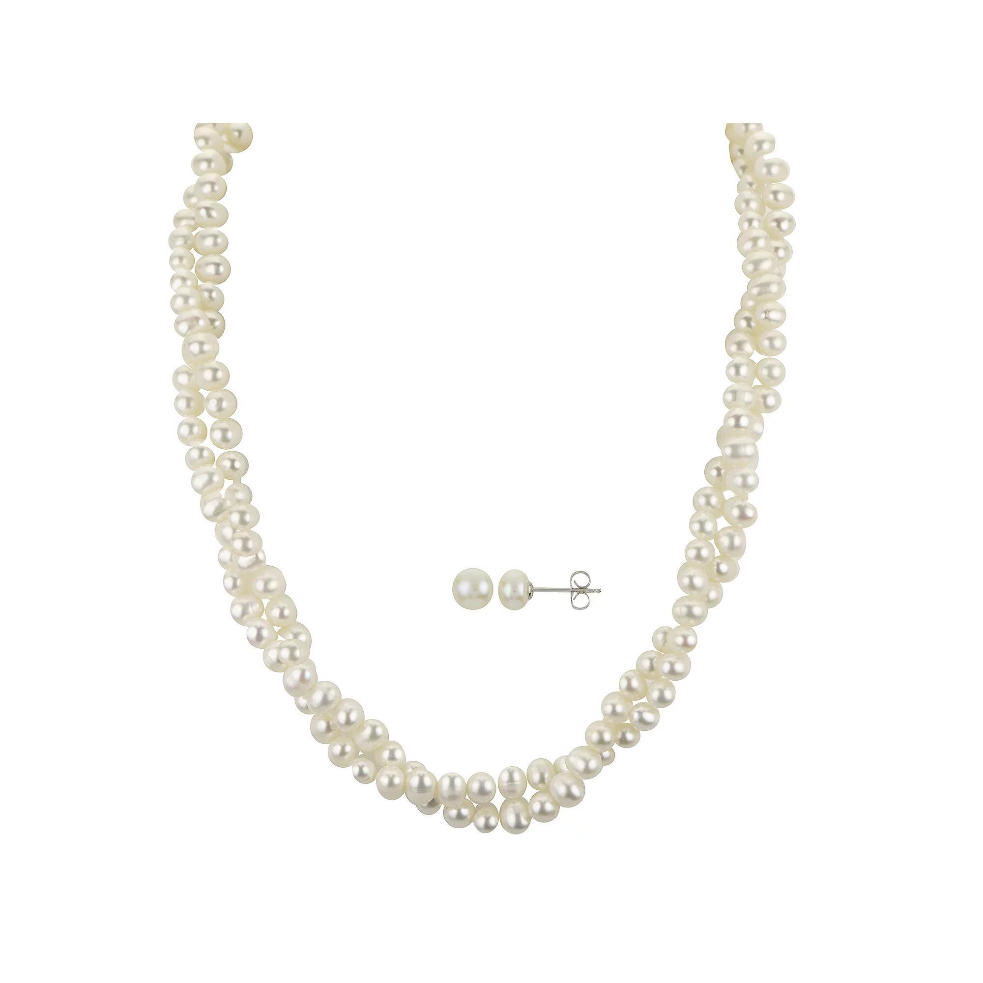 PearLustre by Imperial Sterling Silver Freshwater Cultured Pearl Twisted Strand Necklace & Stud Earring Set, Womens Product Image