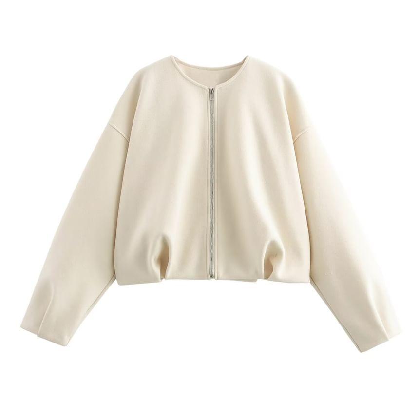 Crewneck Faux Leather Zip-Up Jacket Product Image