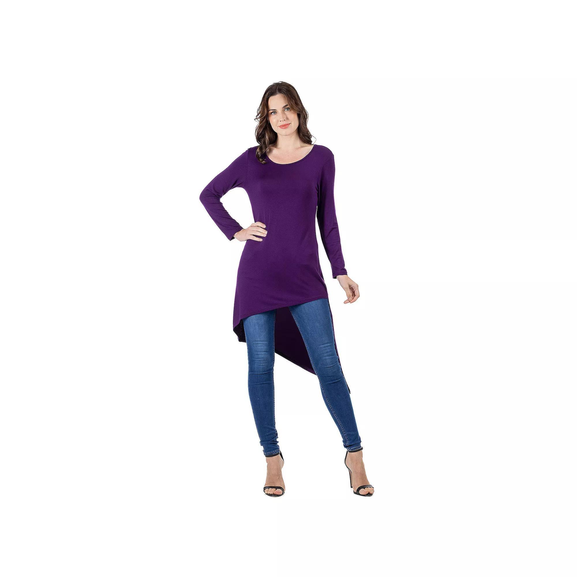 Women's 24Seven Comfort Apparel Long Sleeve Knee Length Asymmetrical Tunic Top, Size: Small, Purple Product Image