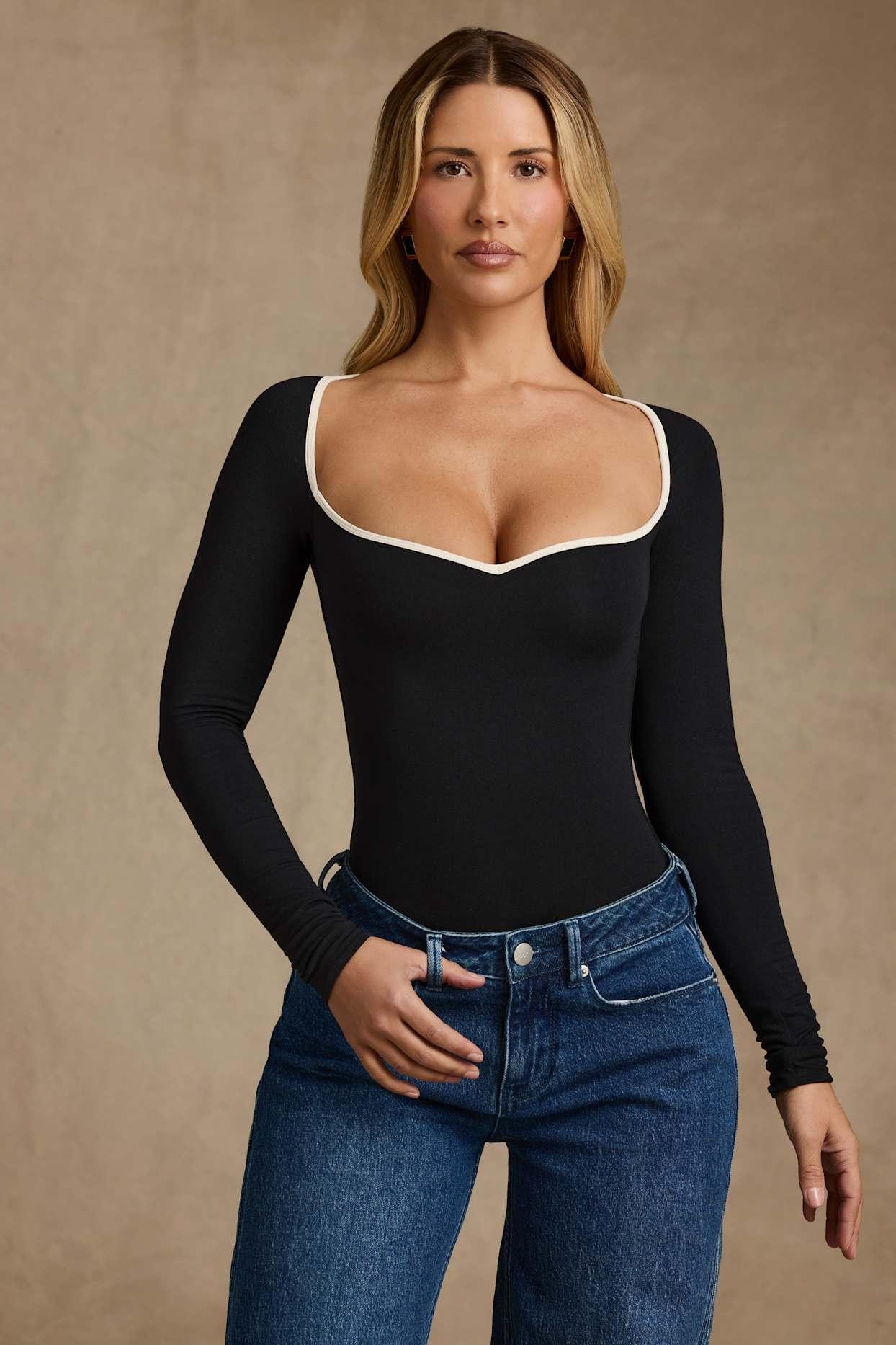 Modal Contrast-Trim Bodysuit in Black Product Image