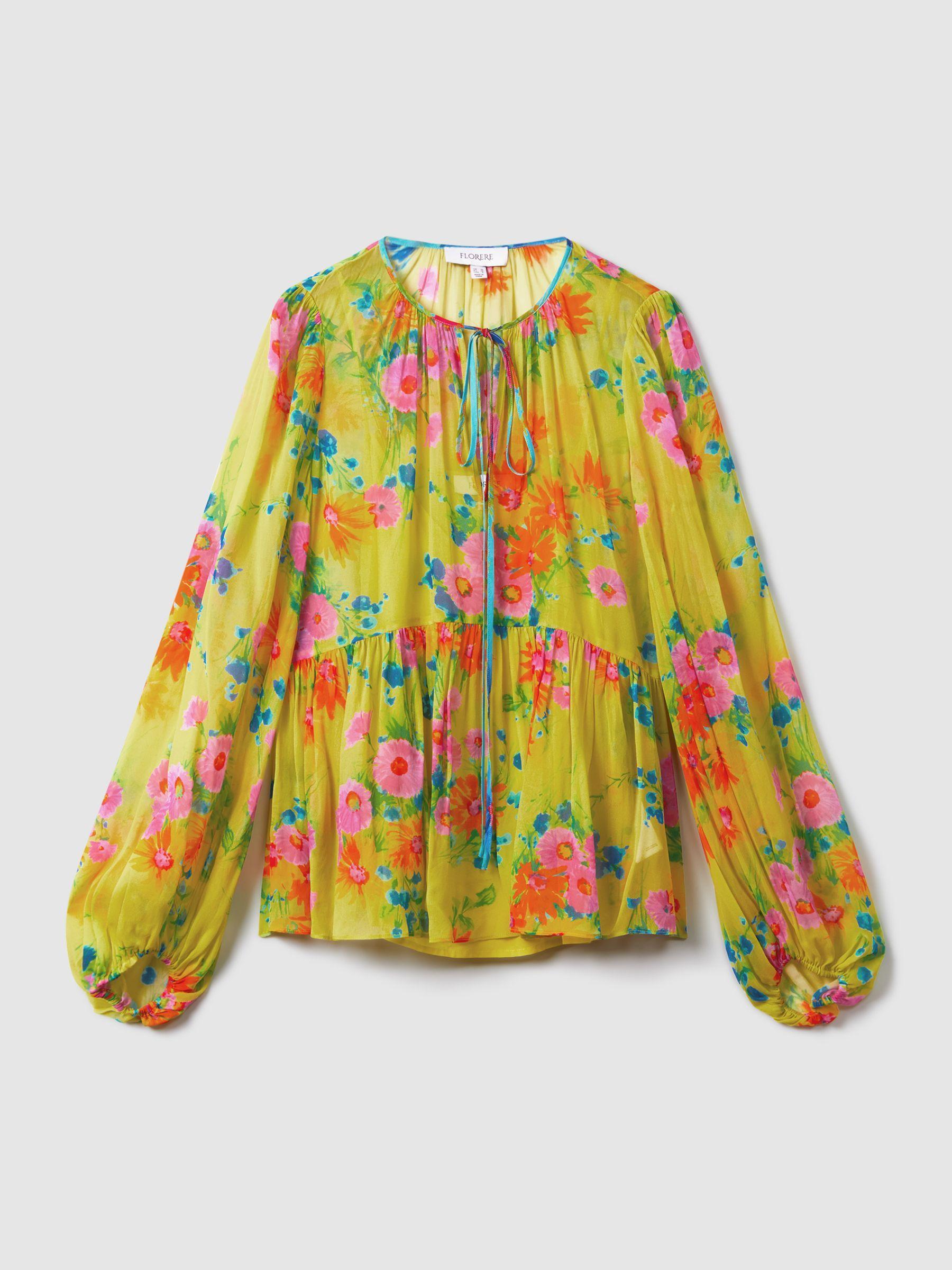 Florere Printed Tie Neck Blouse in Lime Product Image