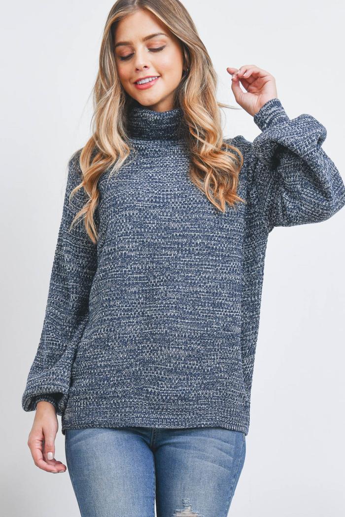 Turtleneck Melange Balloon Sleeve Sweater Product Image