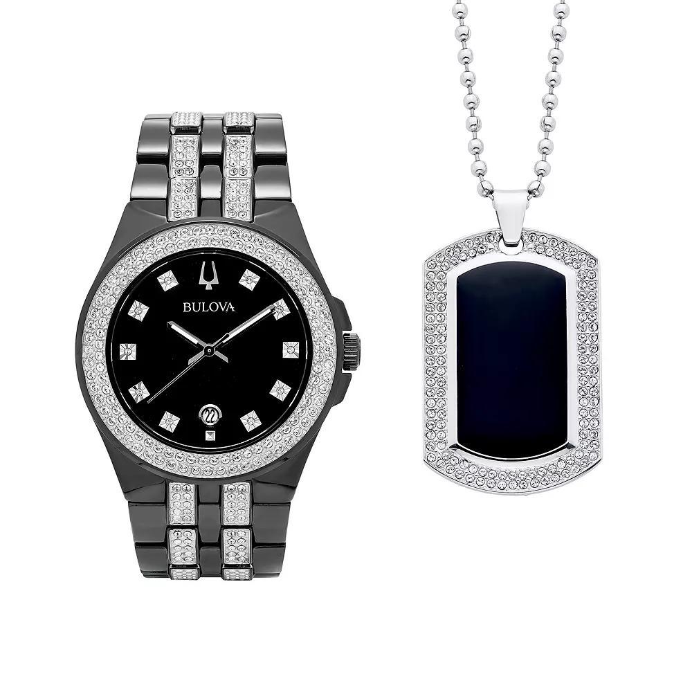 Bulova Men's Crystal Watch & Dog Tag Necklace Set - 98K101, Size: Large, Black Product Image